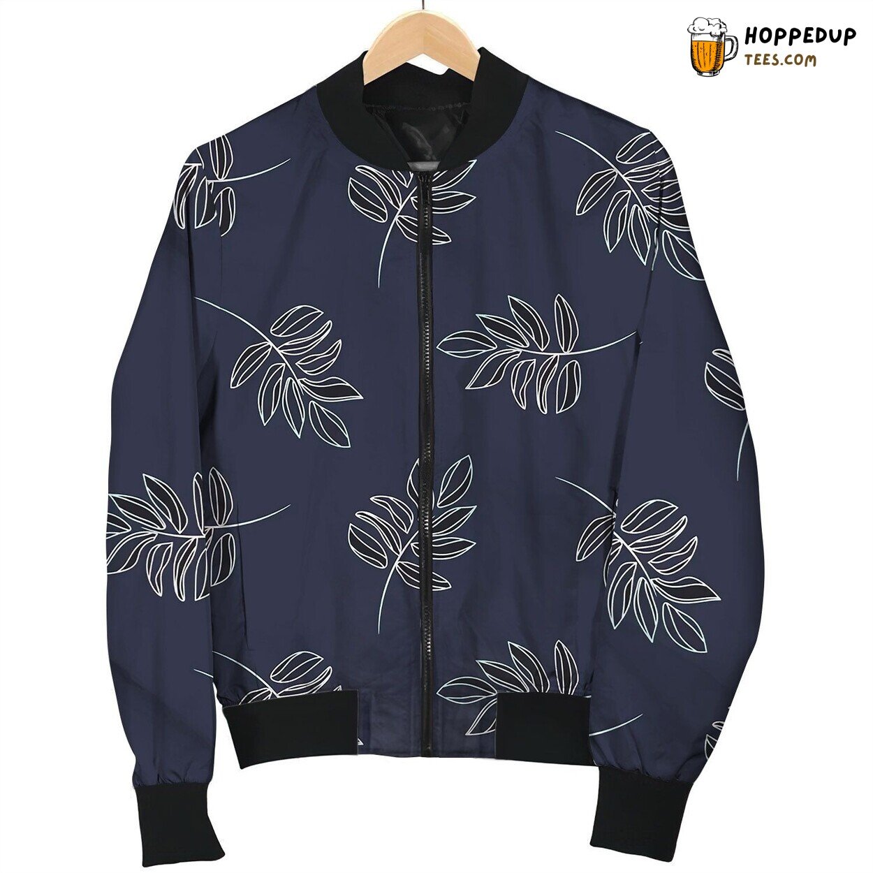 Hand Drawn Outline Leaves Deep Blue Colors Bomber Jacket