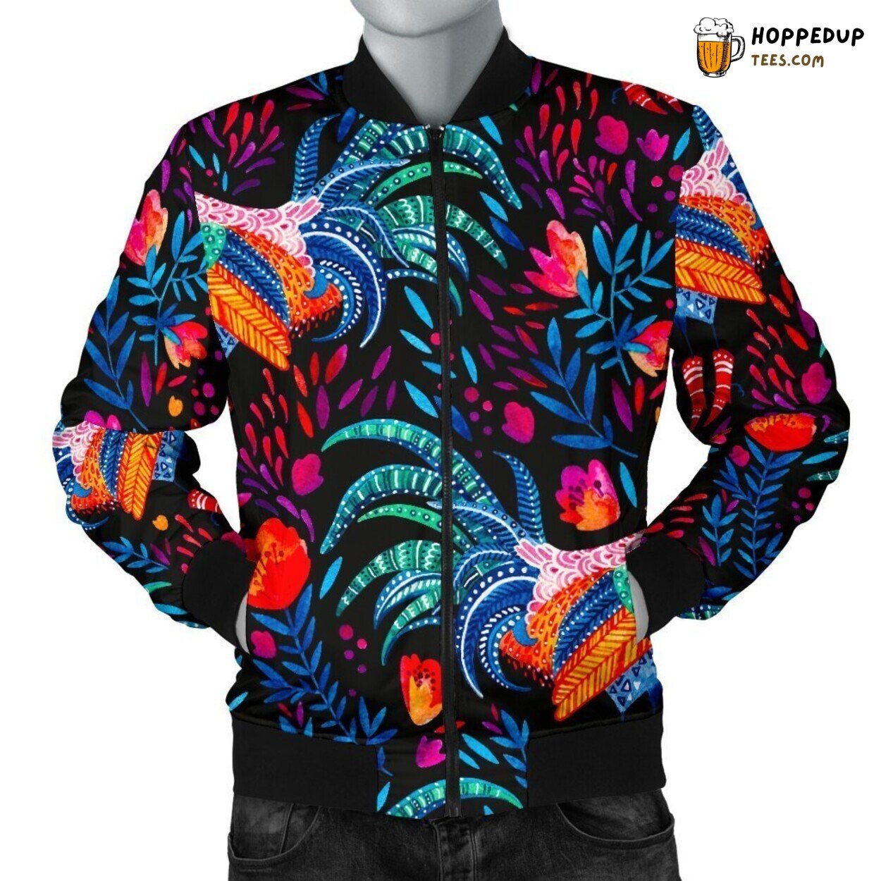 Hand Drawn Rooster Art Men’s Bomber Jacket Poultry Design Unique Elegance