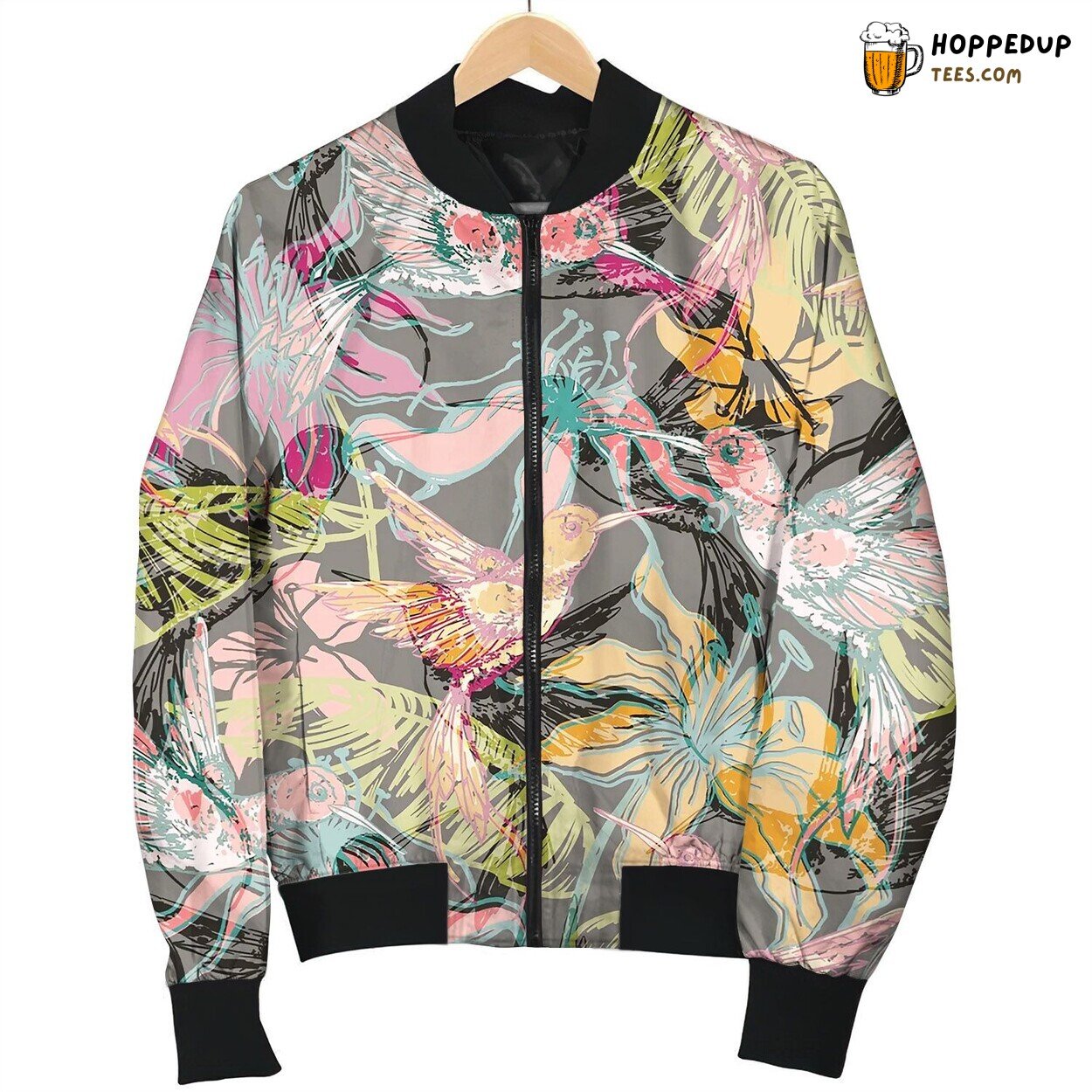 Hand Drawn Tropical Background With Colibri Bomber Jacket