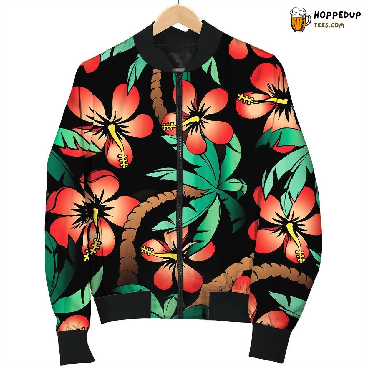 Hand Drawn Tropical Palm And Hibiscus Seamless Bomber Jacket