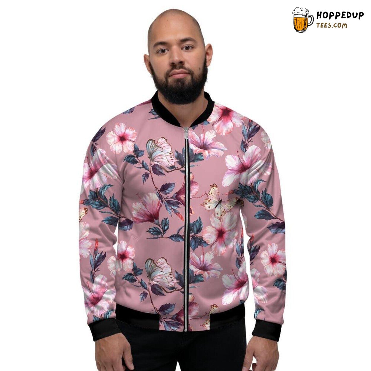 Handcrafted Hibiscus Artistry Men’s Bomber Jacket Vintage Floral Showcase