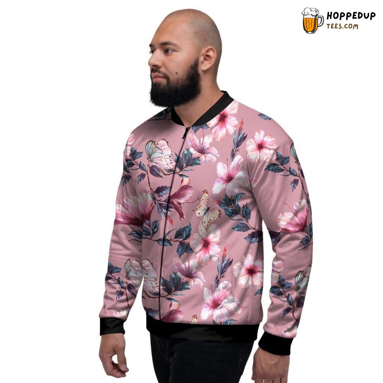 Handcrafted Hibiscus Artistry Men’s Bomber Jacket Vintage Floral Showcase