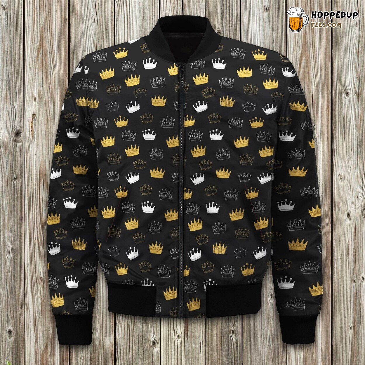 Handdrawing King Crown On Black Bomber Jacket