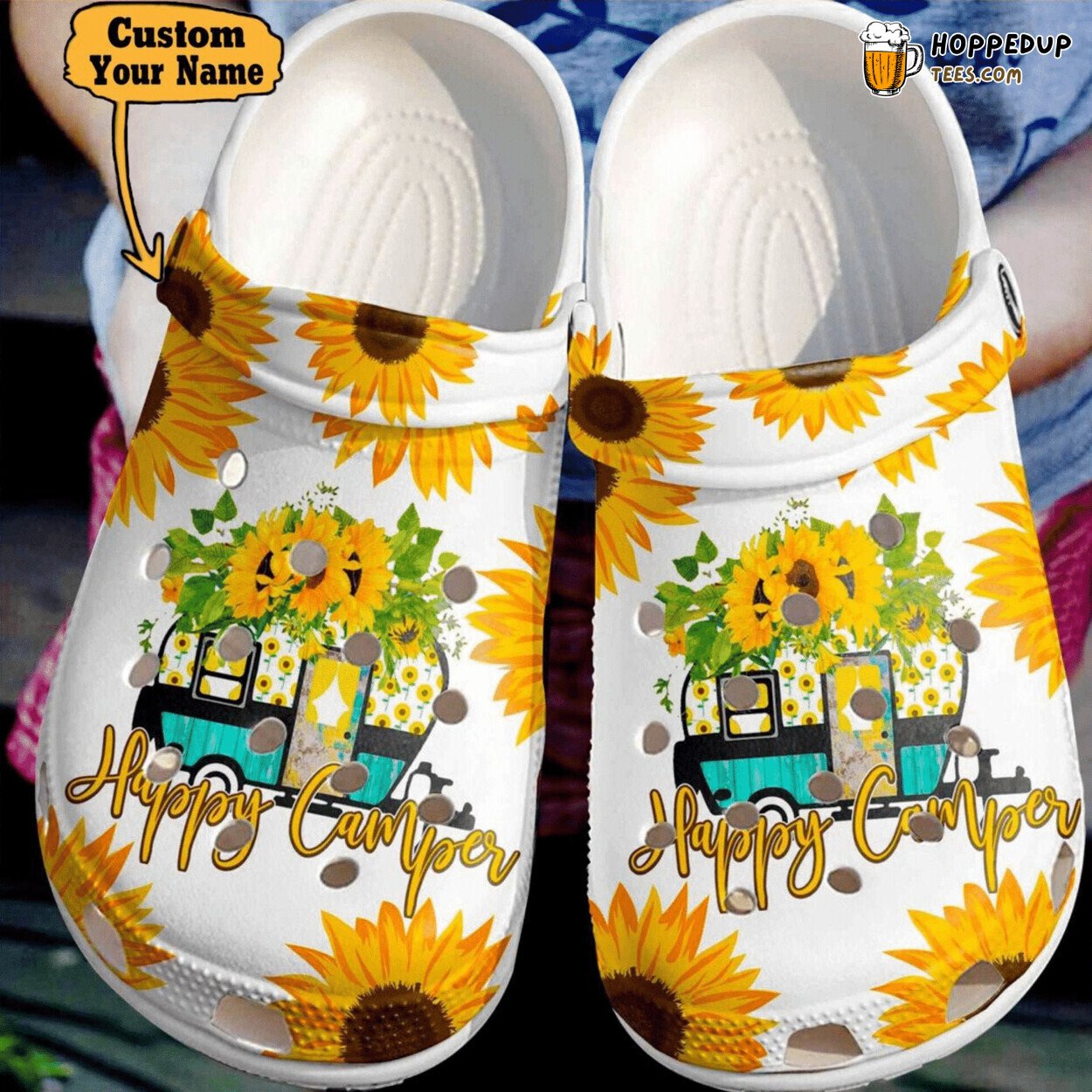 Happy Camper Sunflower Personalized Camping Themed Comfortable Clogs