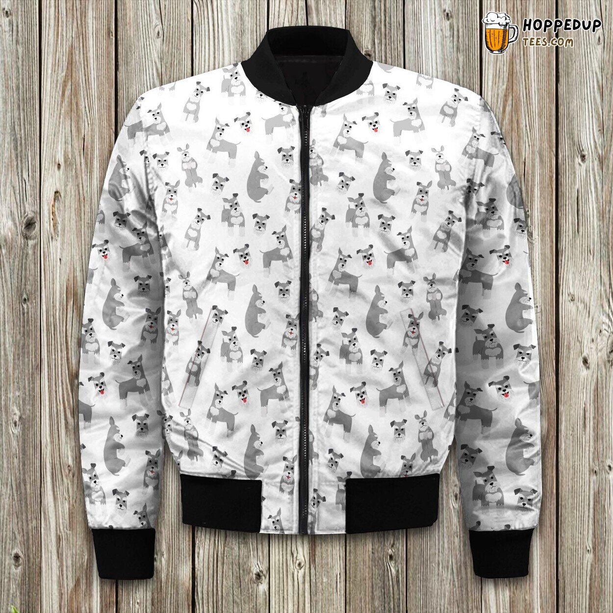 Happy Miniature Schnauzer In White Bomber Jacket