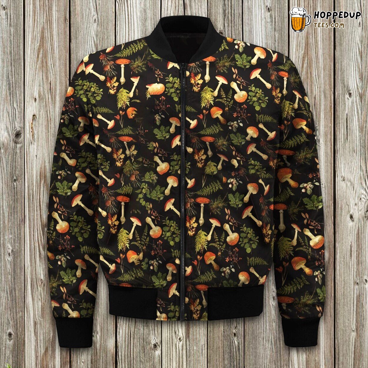 Harvest Forest Black Antique Mushroom Fabric Winter Bomber Jacket New Design