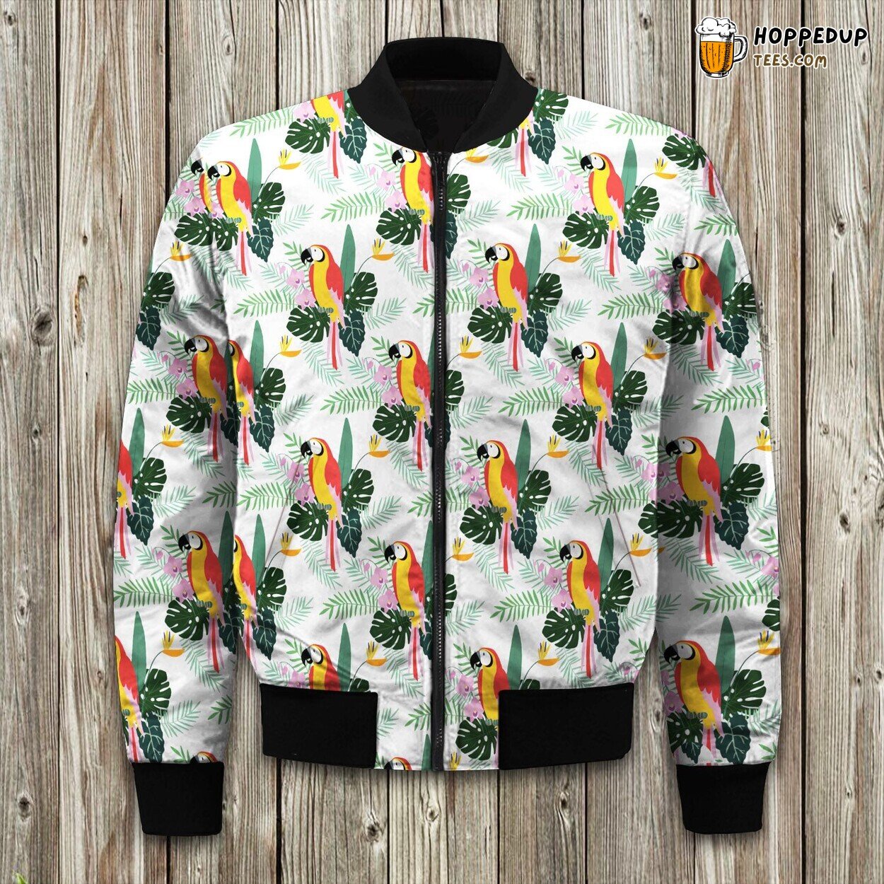 Hawaii Parrot Tropical Leaves Summer Bomber Jacket