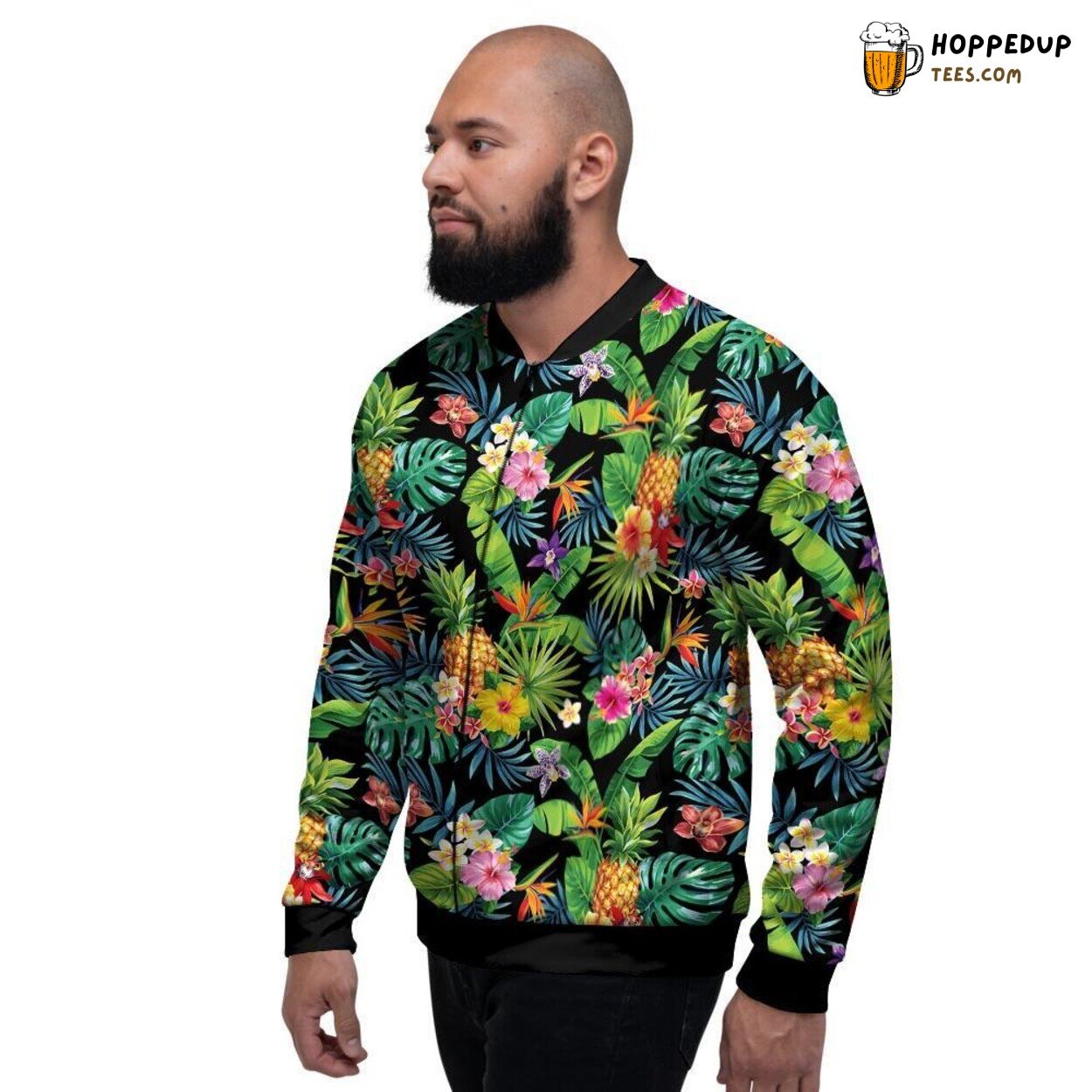 Hawaiian Floral Tropical Inspired Men’s Bomber Jacket Lush Island Blooms Design