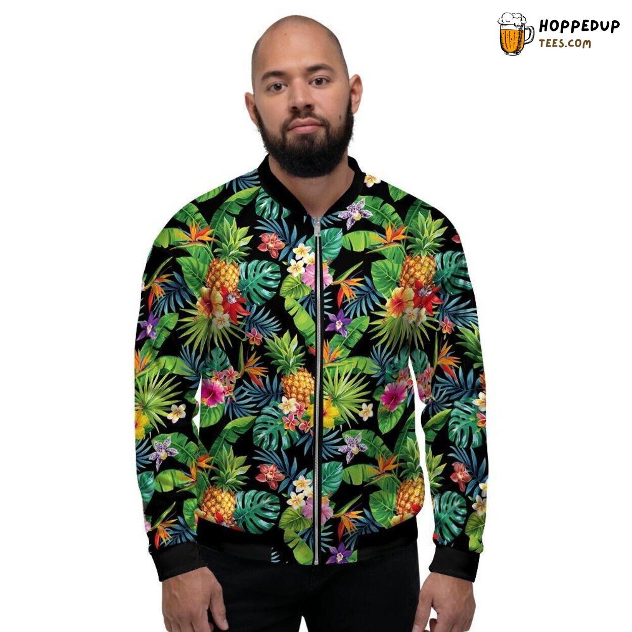 Hawaiian Floral Tropical Inspired Men’s Bomber Jacket Lush Island Blooms Design