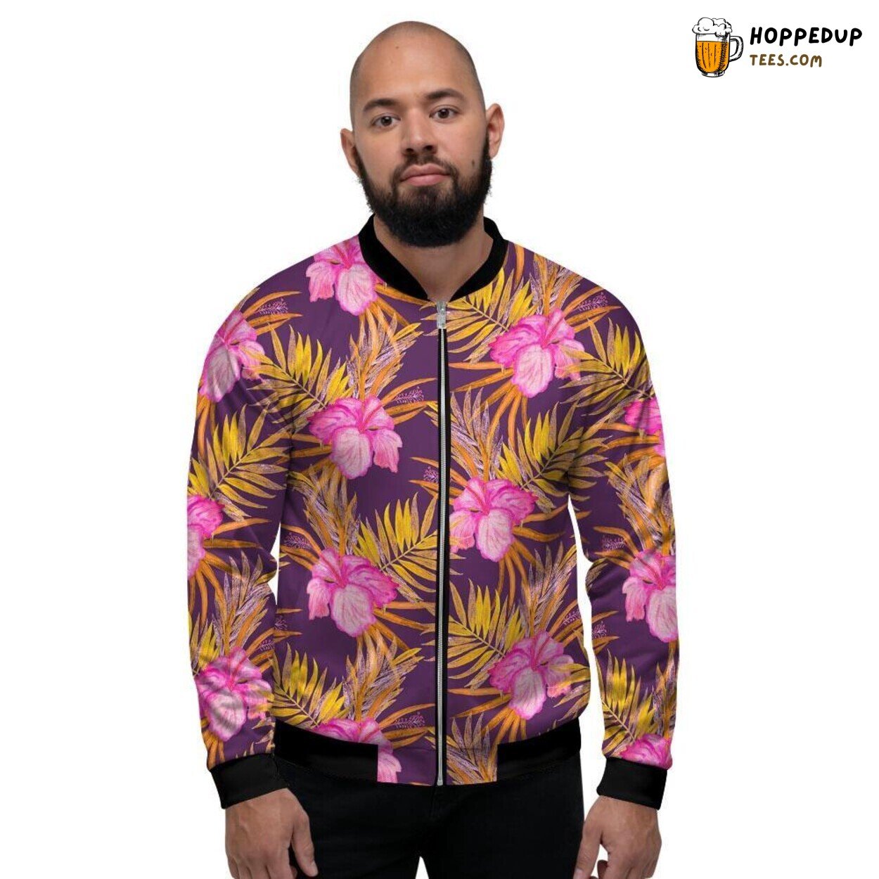 Hawaiian Hibiscus Flower Watercolor Men’s Bomber Jacket Island Floral Design