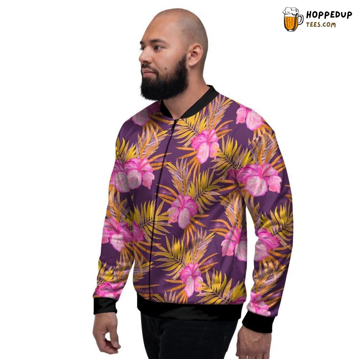 Hawaiian Hibiscus Flower Watercolor Men’s Bomber Jacket Island Floral Design