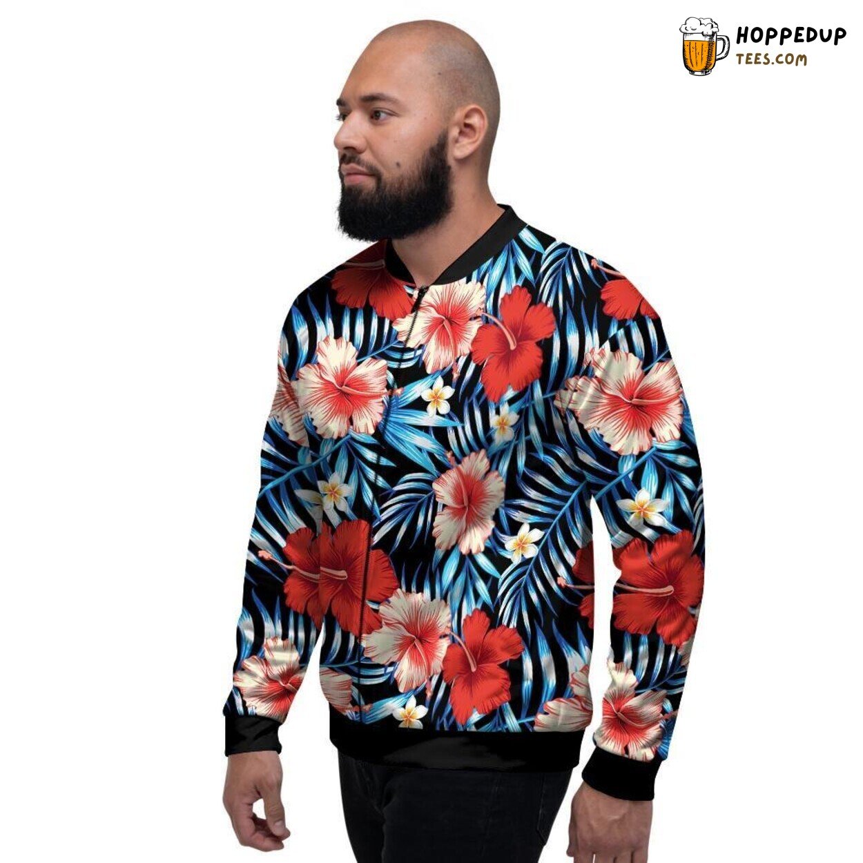 Hawaiian Hibiscus Tropical Flower Men’s Bomber Jacket Floral Island Design