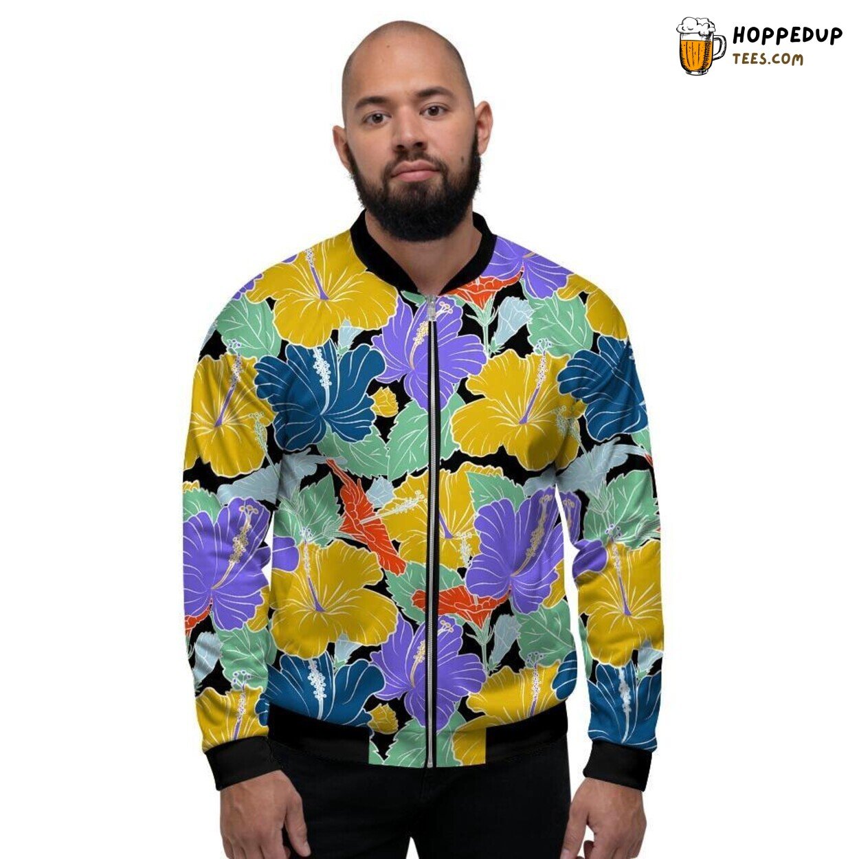 Hawaiian Hibiscus Violet Flower Men’s Bomber Jacket Island Floral Design Look