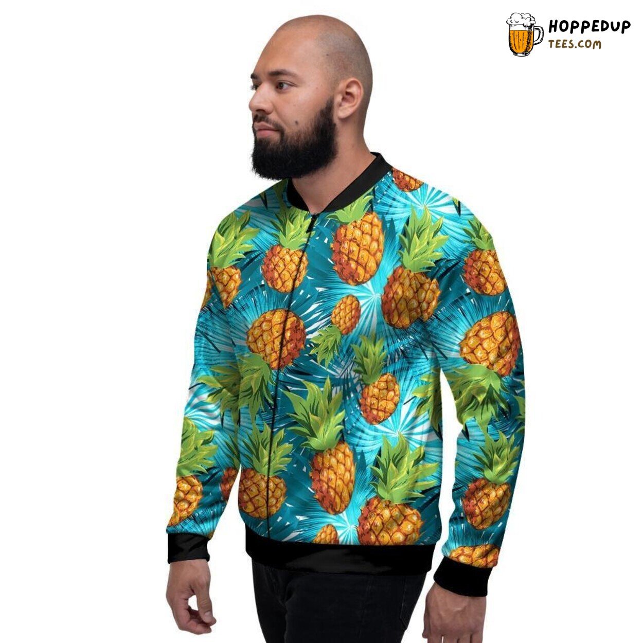 Hawaiian Pineapple Blue Tropical Print Men’s Bomber Jacket Island Vibes Display