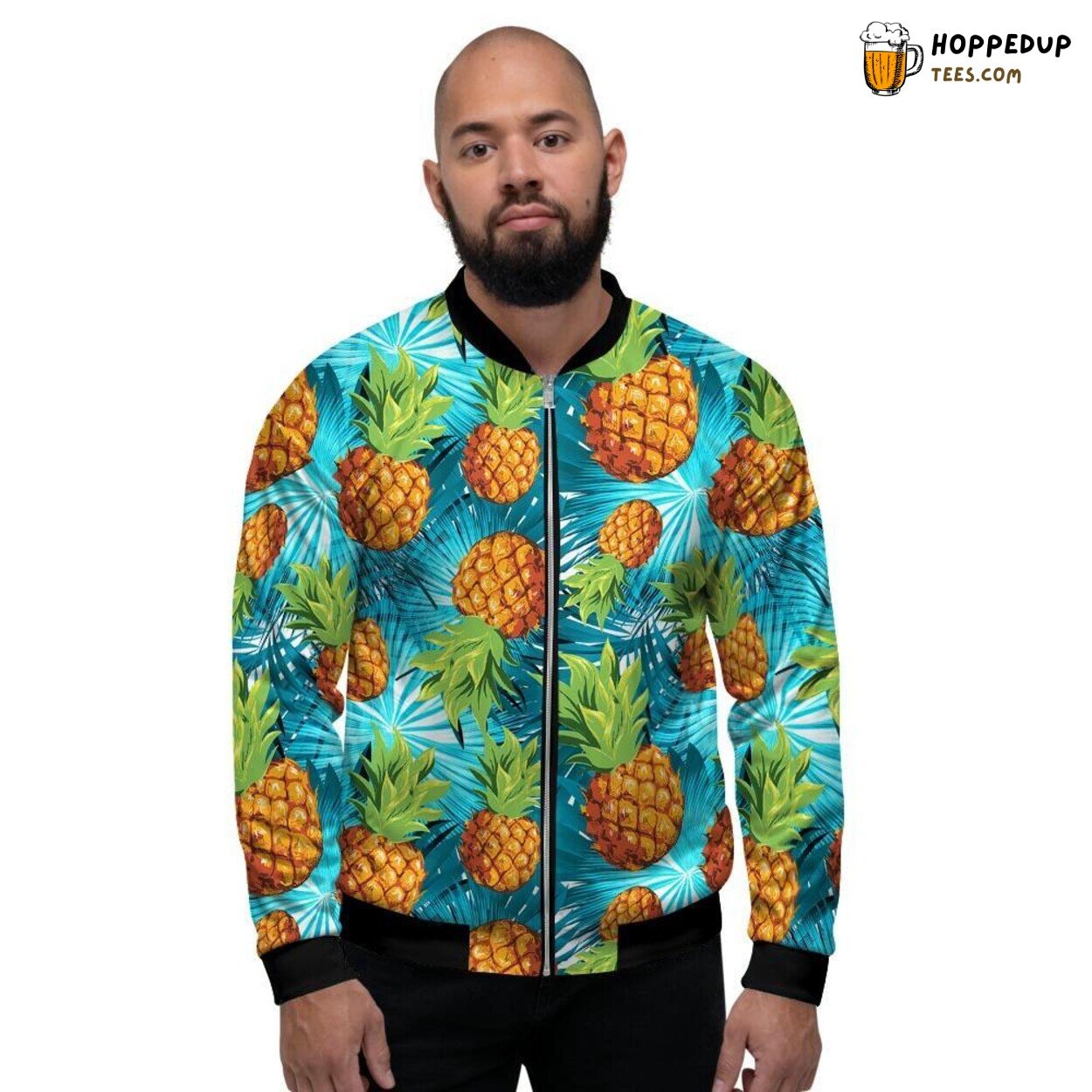 Hawaiian Pineapple Blue Tropical Print Men’s Bomber Jacket Island Vibes Display