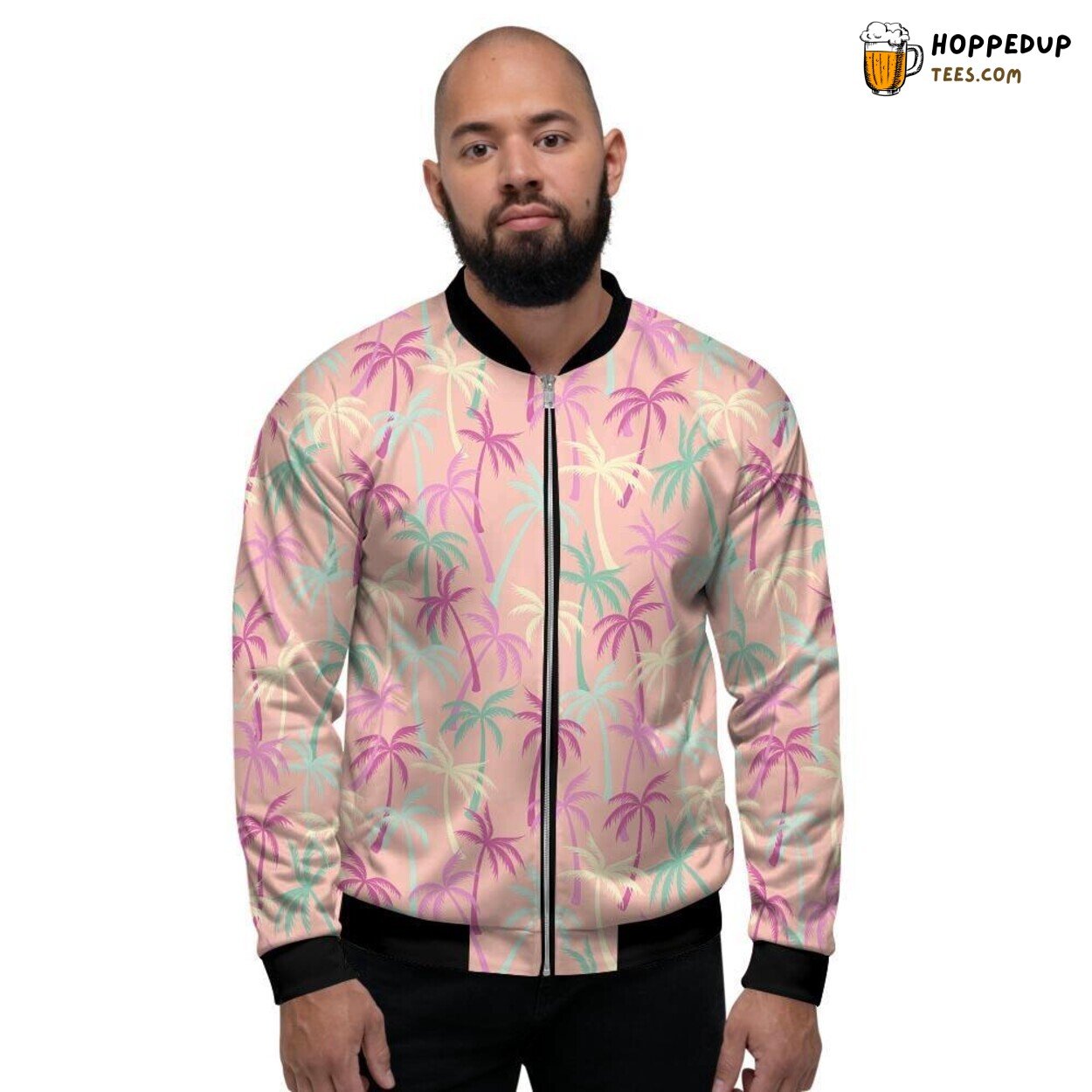 Hawaiian Pink Palm Tree Print Men’s Bomber Jacket Tropical Island Art Vibe