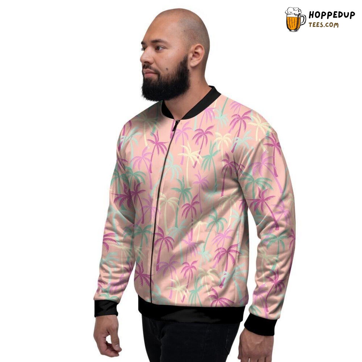 Hawaiian Pink Palm Tree Print Men’s Bomber Jacket Tropical Island Art Vibe