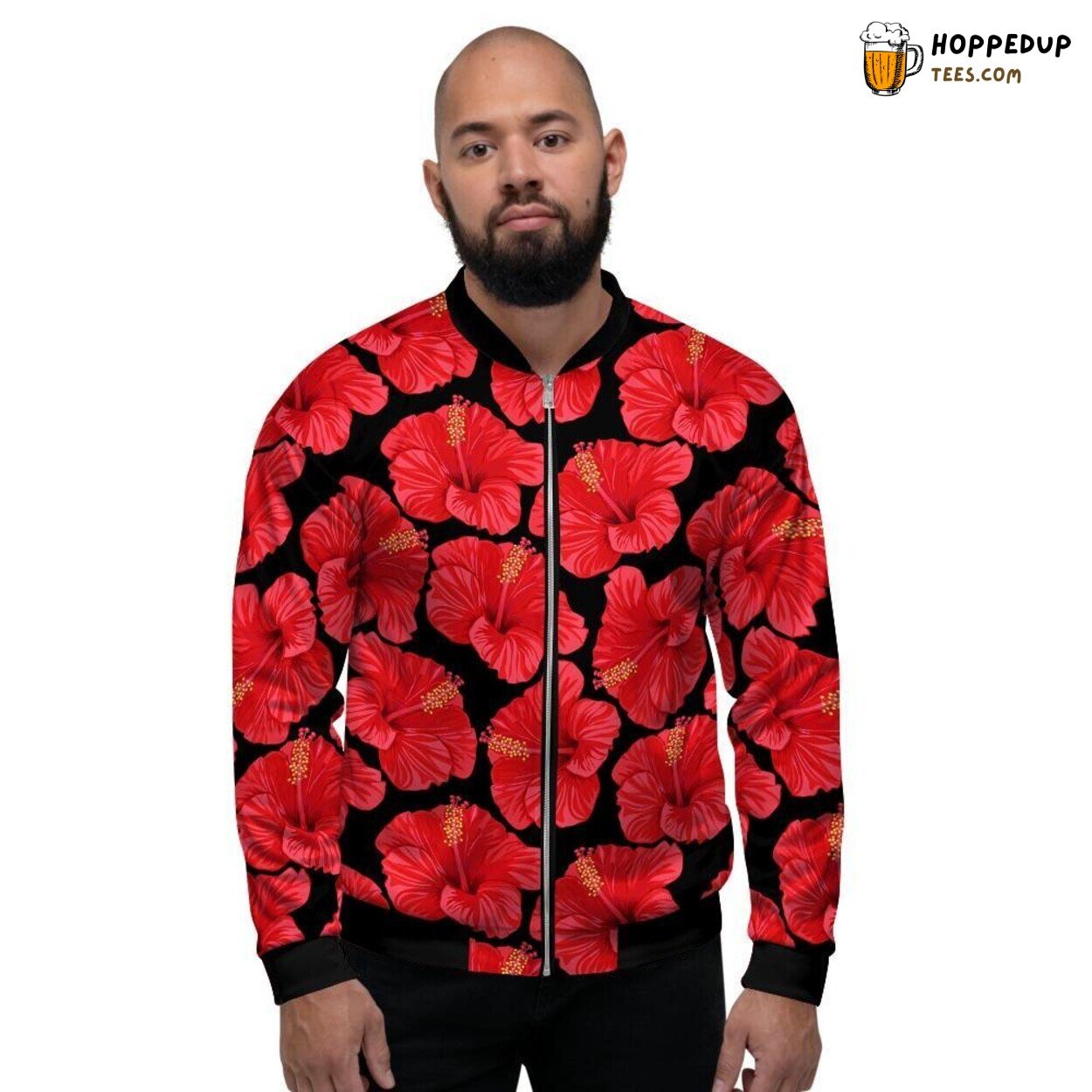 Hawaiian Red Hibiscus Flower Design Men’s Bomber Jacket Tropical Island Print