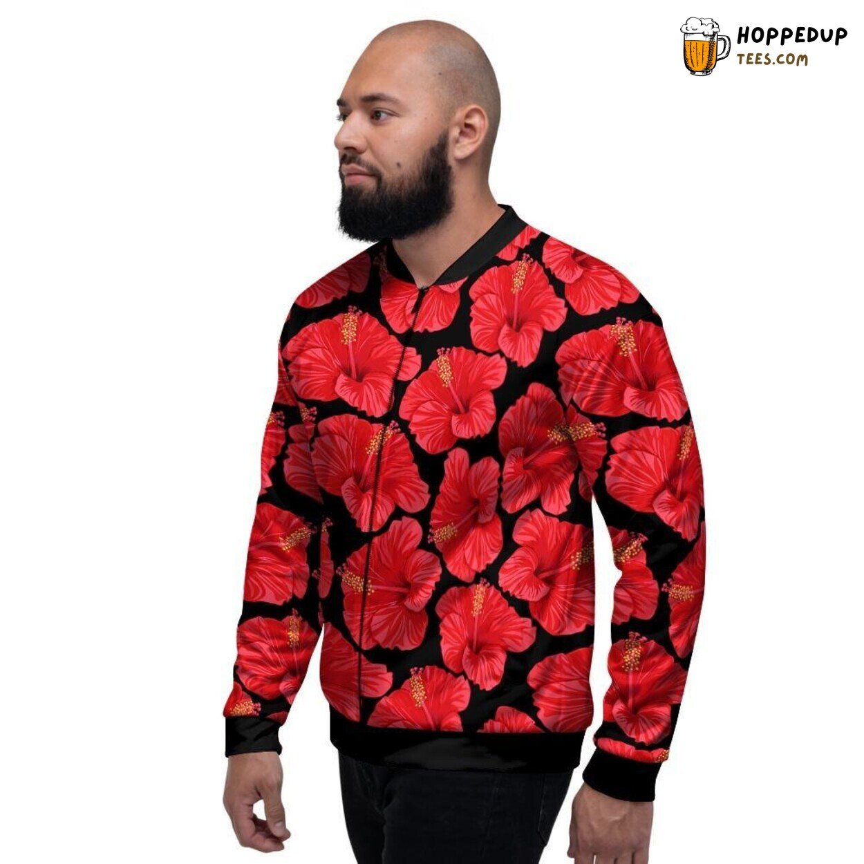 Hawaiian Red Hibiscus Flower Design Men’s Bomber Jacket Tropical Island Print