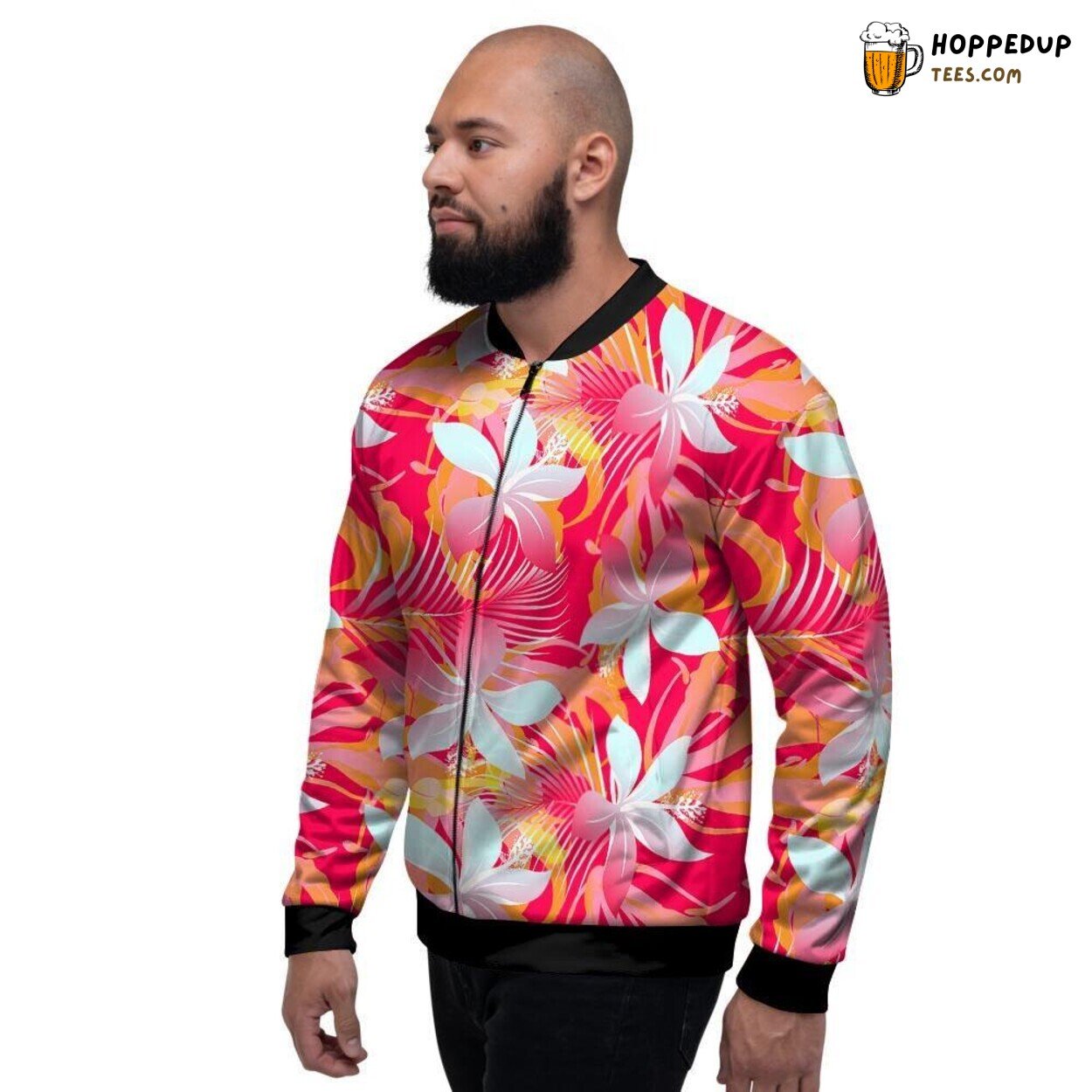 Hawaiian Red Orange Hibiscus Print Men’s Bomber Jacket Tropical Island Design