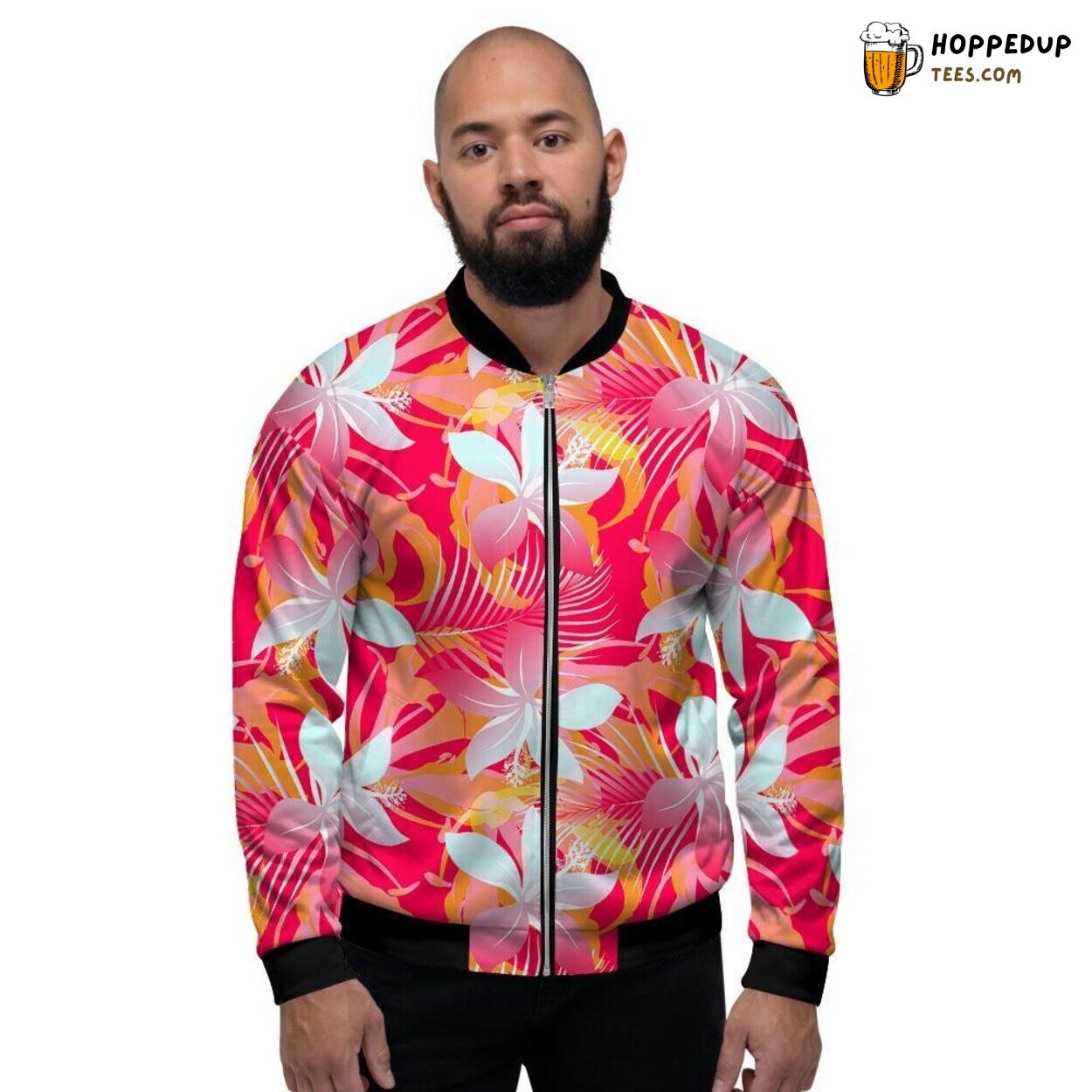 Hawaiian Red Orange Hibiscus Print Men’s Bomber Jacket Tropical Island Design