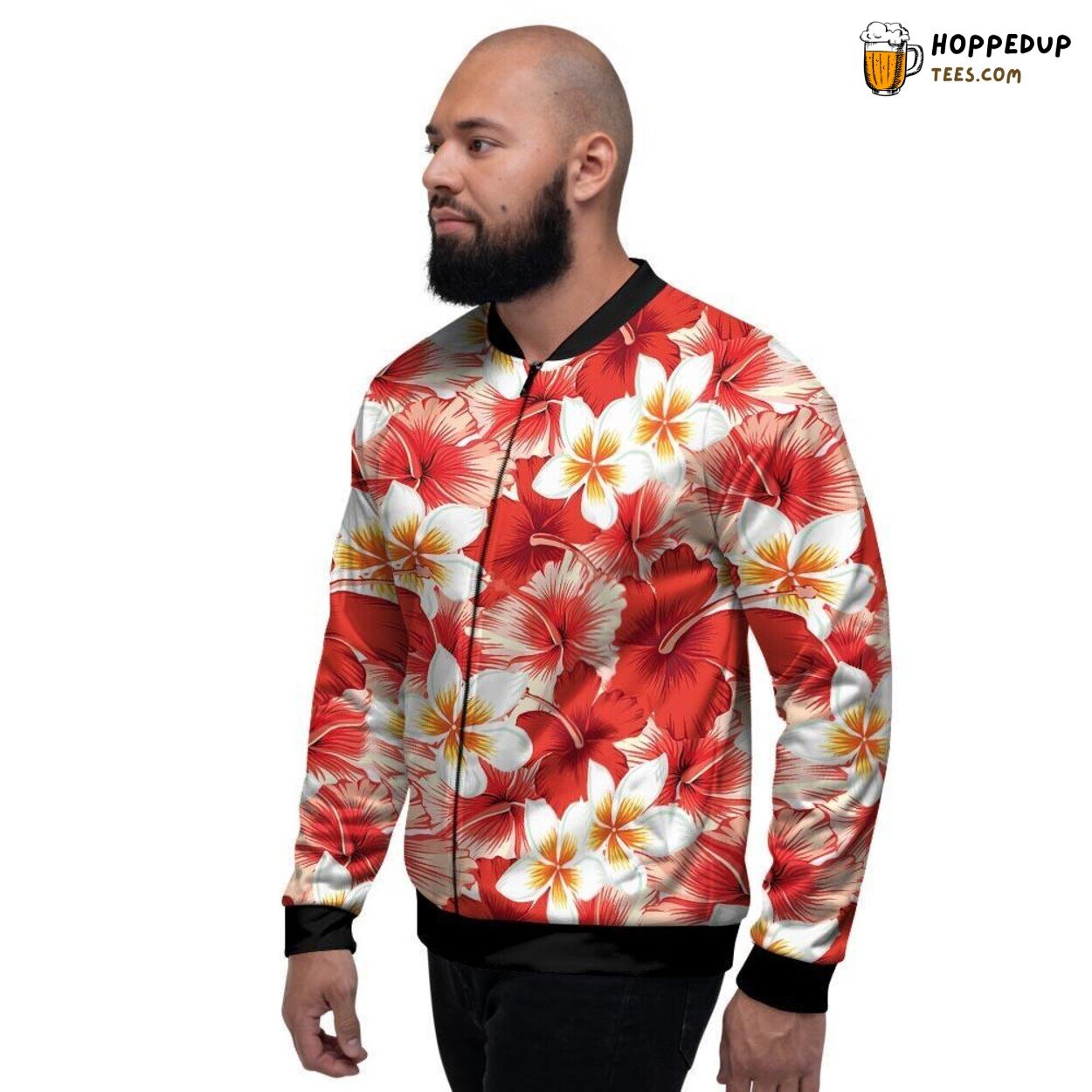 Hawaiian Red White Hibiscus Print Men’s Bomber Jacket Island Floral Design