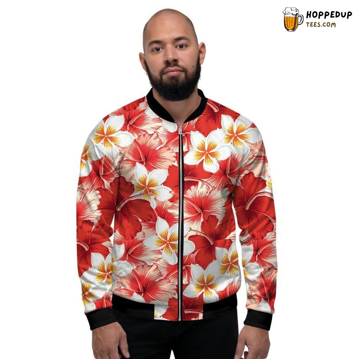 Hawaiian Red White Hibiscus Print Men’s Bomber Jacket Island Floral Design