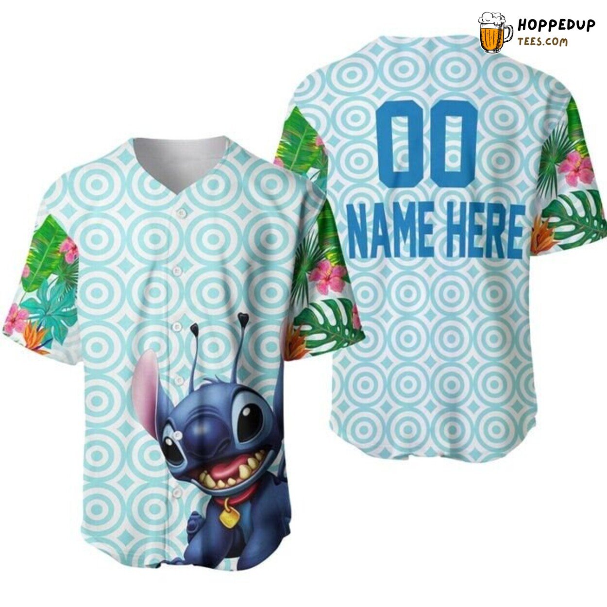 Hawaiian Stitch Blue Floral Pattern Disney Casual Baseball Jersey