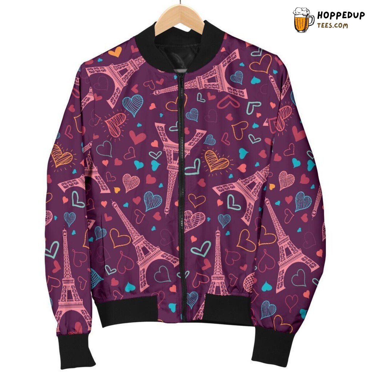 Heart Celebrating Eiffel Tower Men’s Bomber Jacket Unique Pattern Display