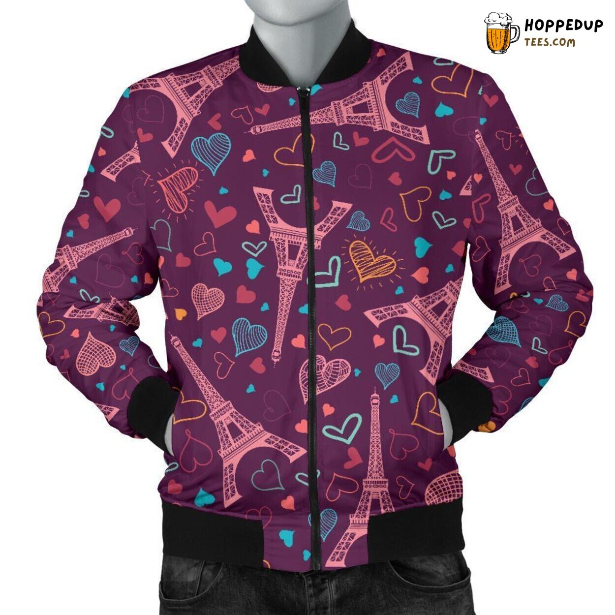 Heart Celebrating Eiffel Tower Men’s Bomber Jacket Unique Pattern Display