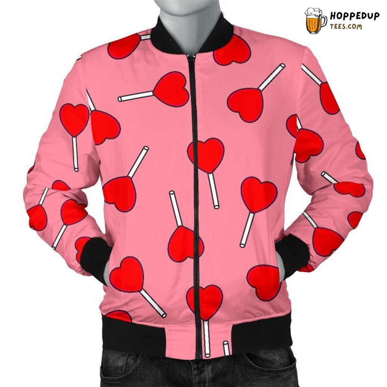 Heart Shaped Lollipop Delight Men’s Bomber Jacket Unique Pattern Display