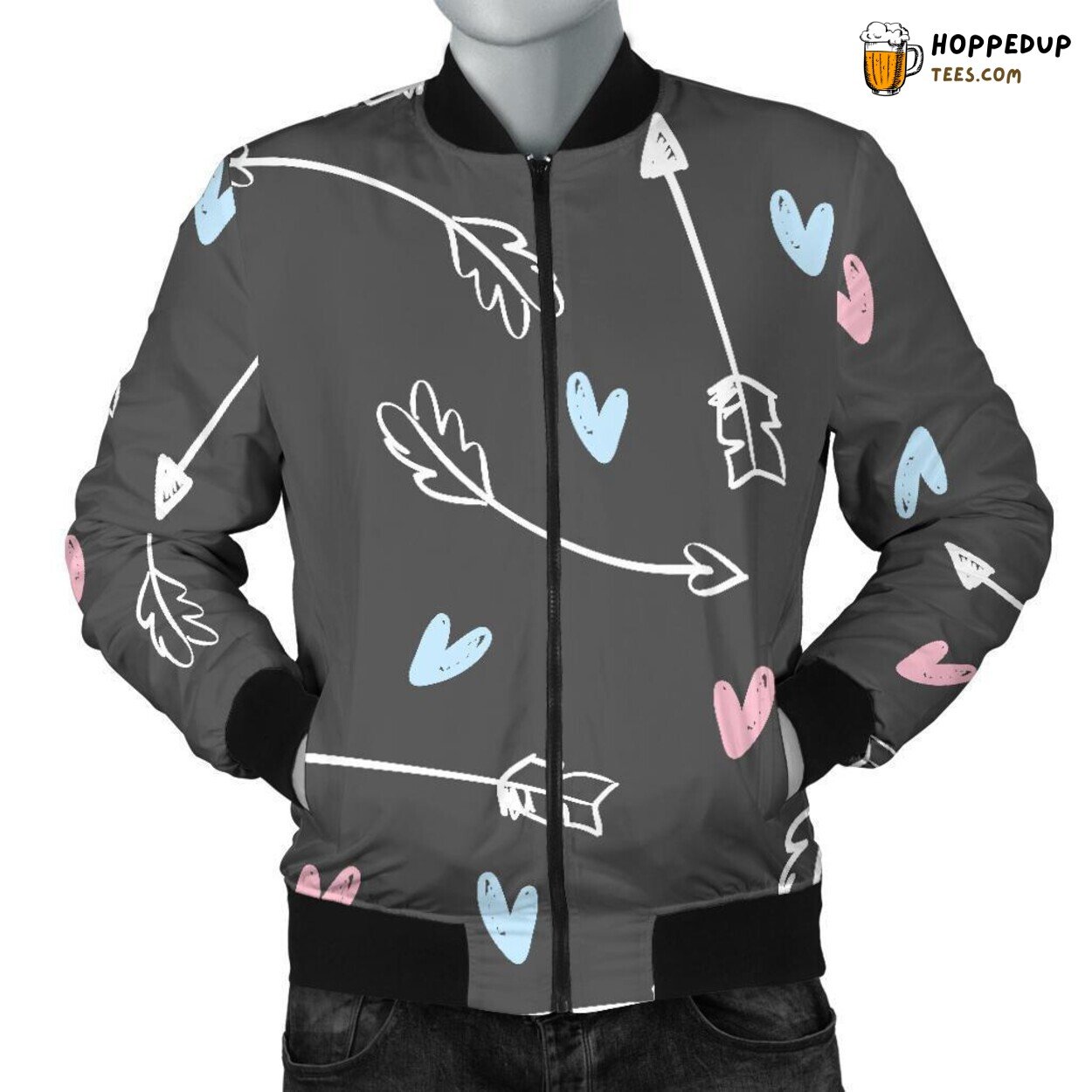 Heart-Themed Archery Pattern Print Men’s Fashionable Bomber Jacket
