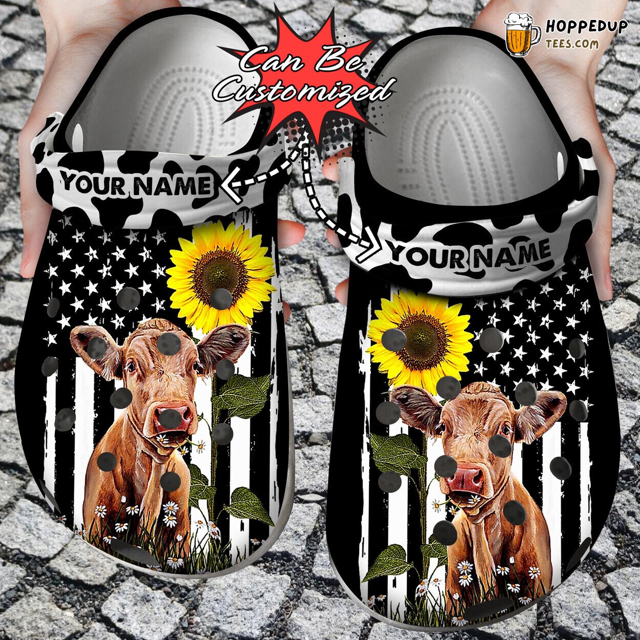 Heifer USA Flag Sunflower Cow Custom Personalized Comfortable Clogs