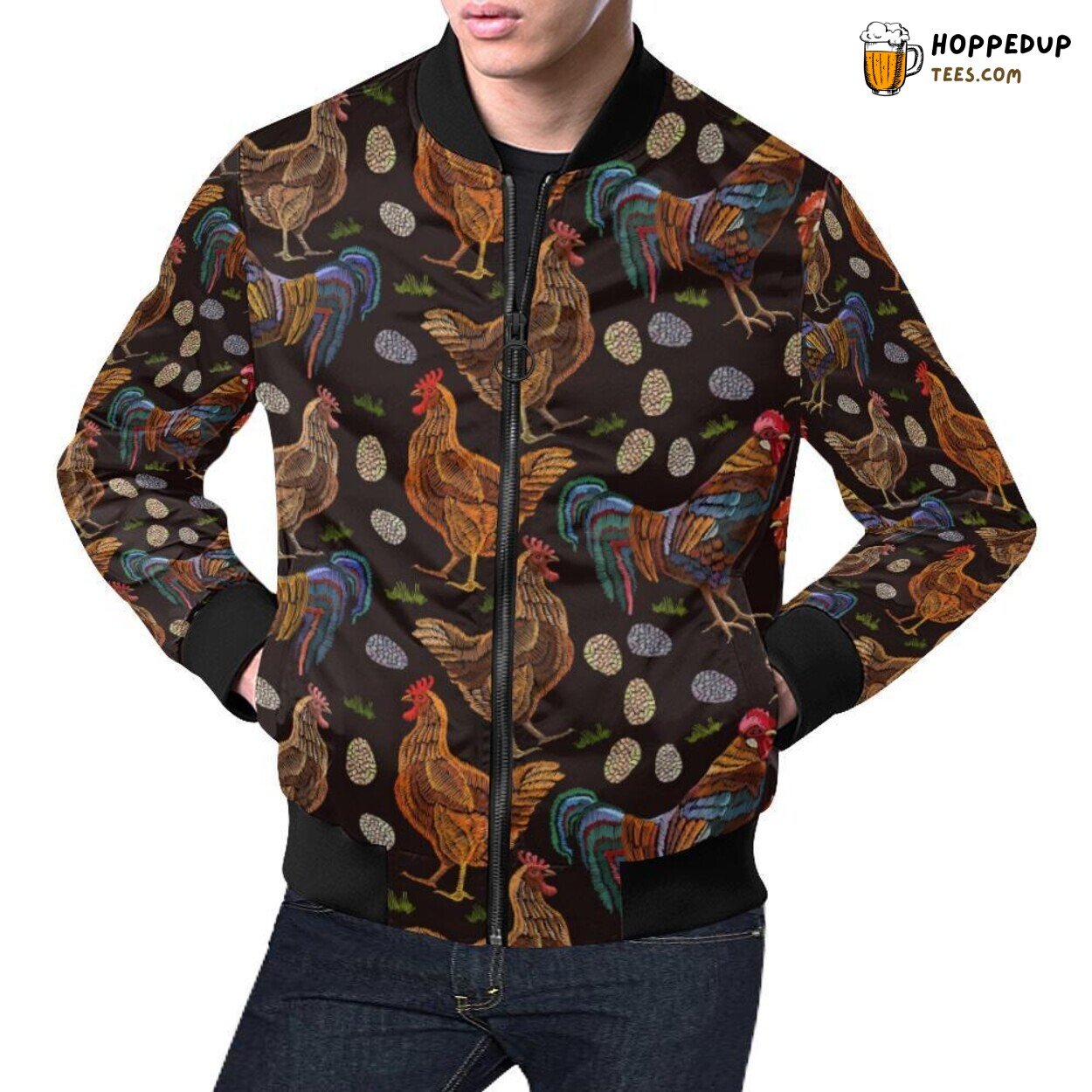 Hen Farm Chicken Eggs Themed Men’s Bomber Jacket Distinct Pattern Print Hen Farm Chicken Eggs Themed Men’s Bomber Jacket Distinct Pattern Print