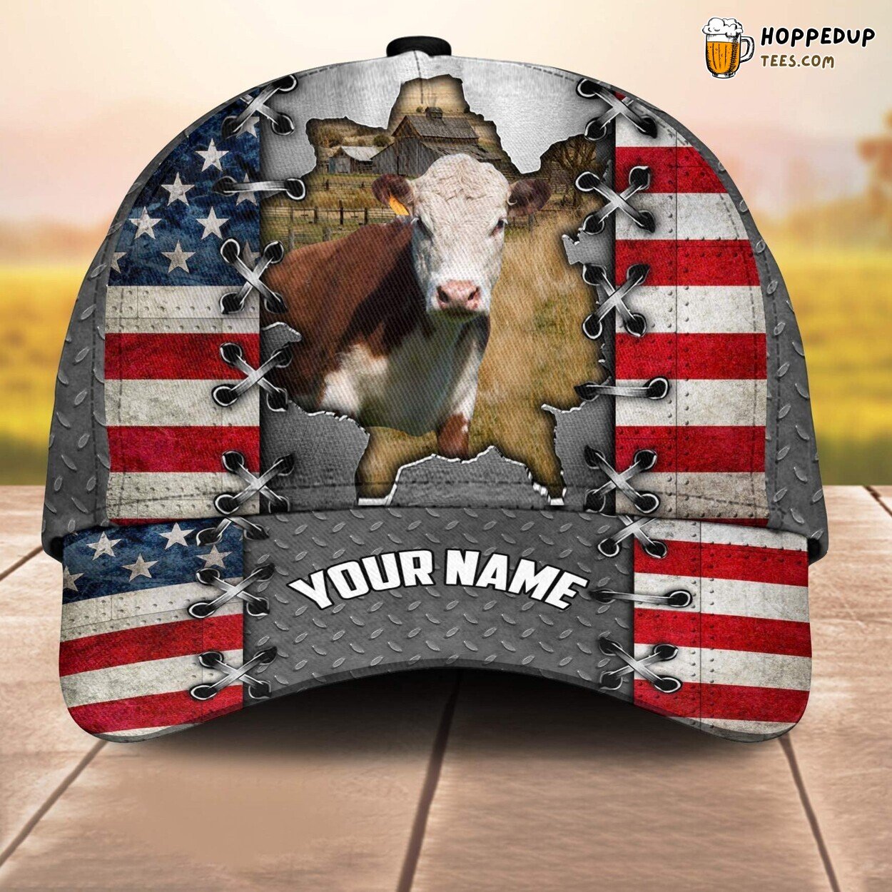 Hereford 3D US Flag Leather Pattern Custom Cap Baseball Animal Lover Farm Gift
