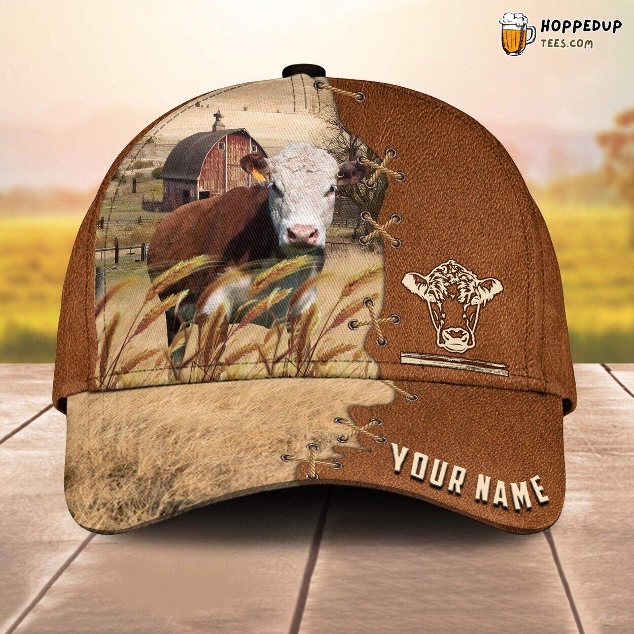 Hereford Brown Leather Pattern Name 3D Cap Baseball Design Farm Lovers Animal