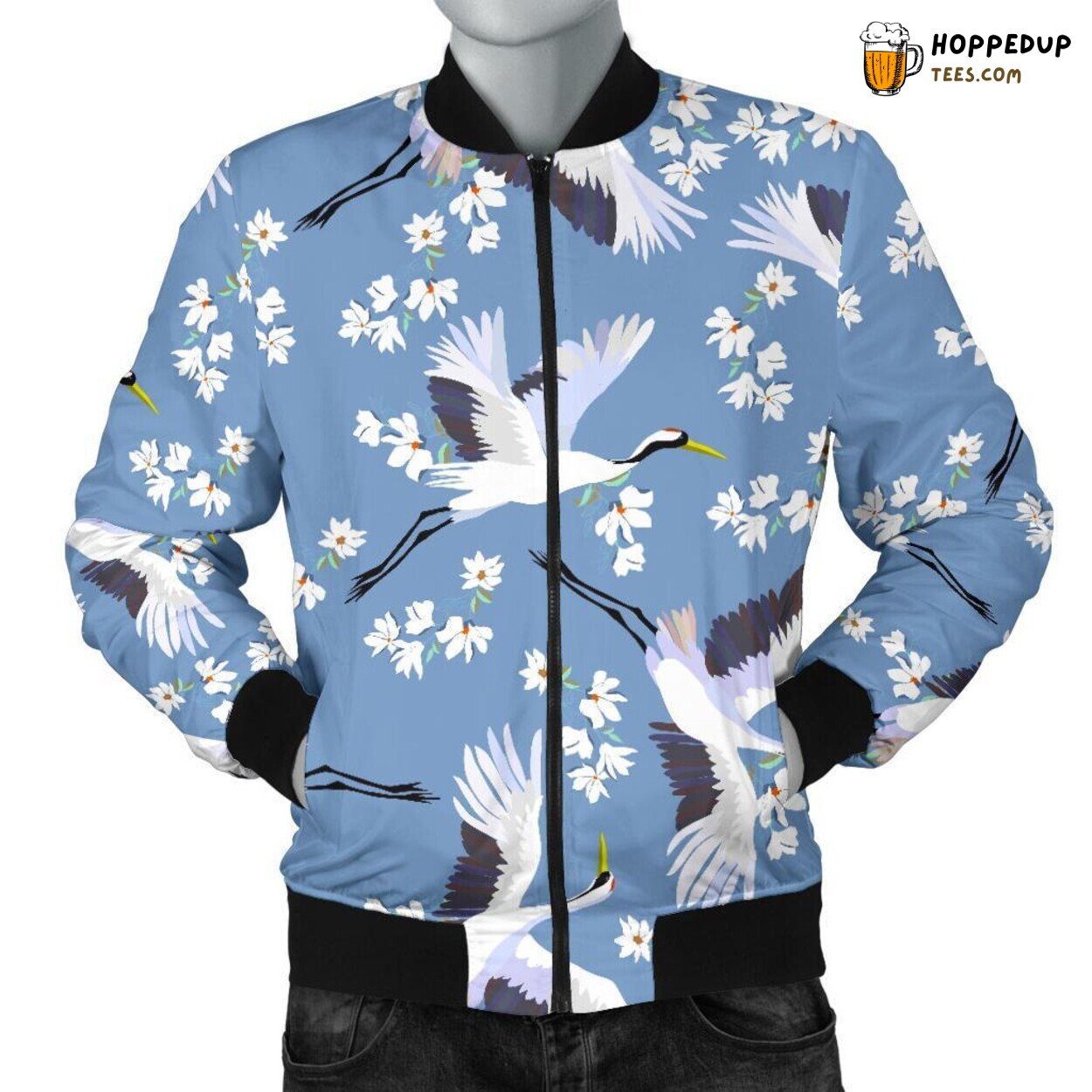 Heron Amongst Blooming Florals Men’s Bomber Jacket Unique Pattern Design