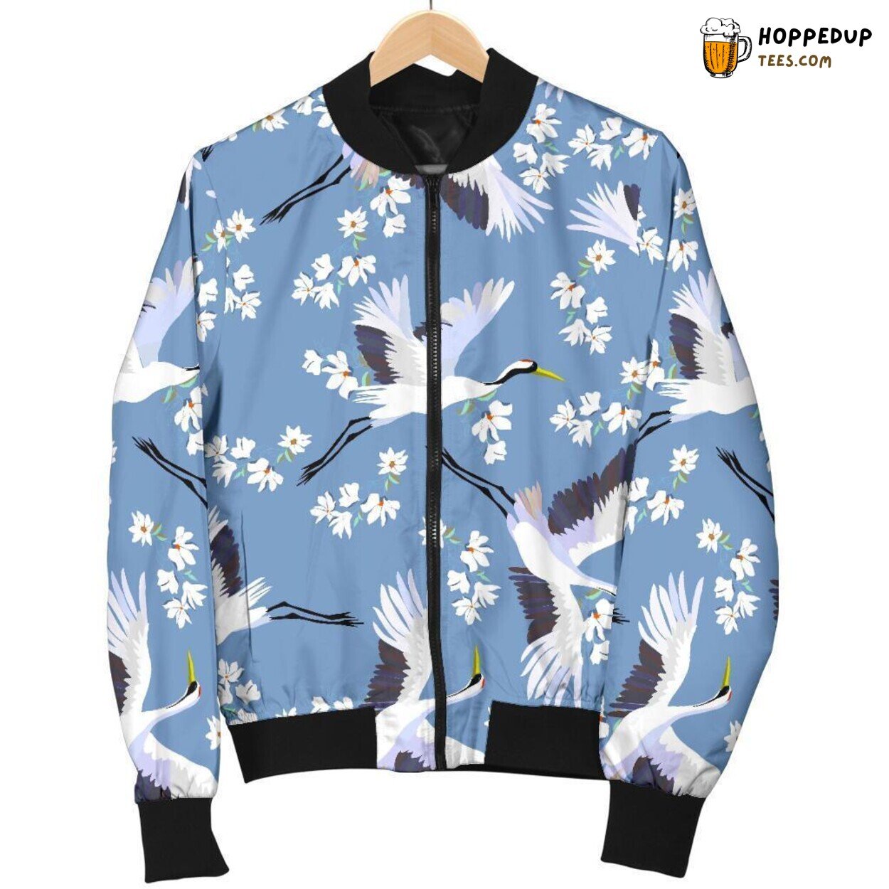 Heron Amongst Blooming Florals Men’s Bomber Jacket Unique Pattern Design