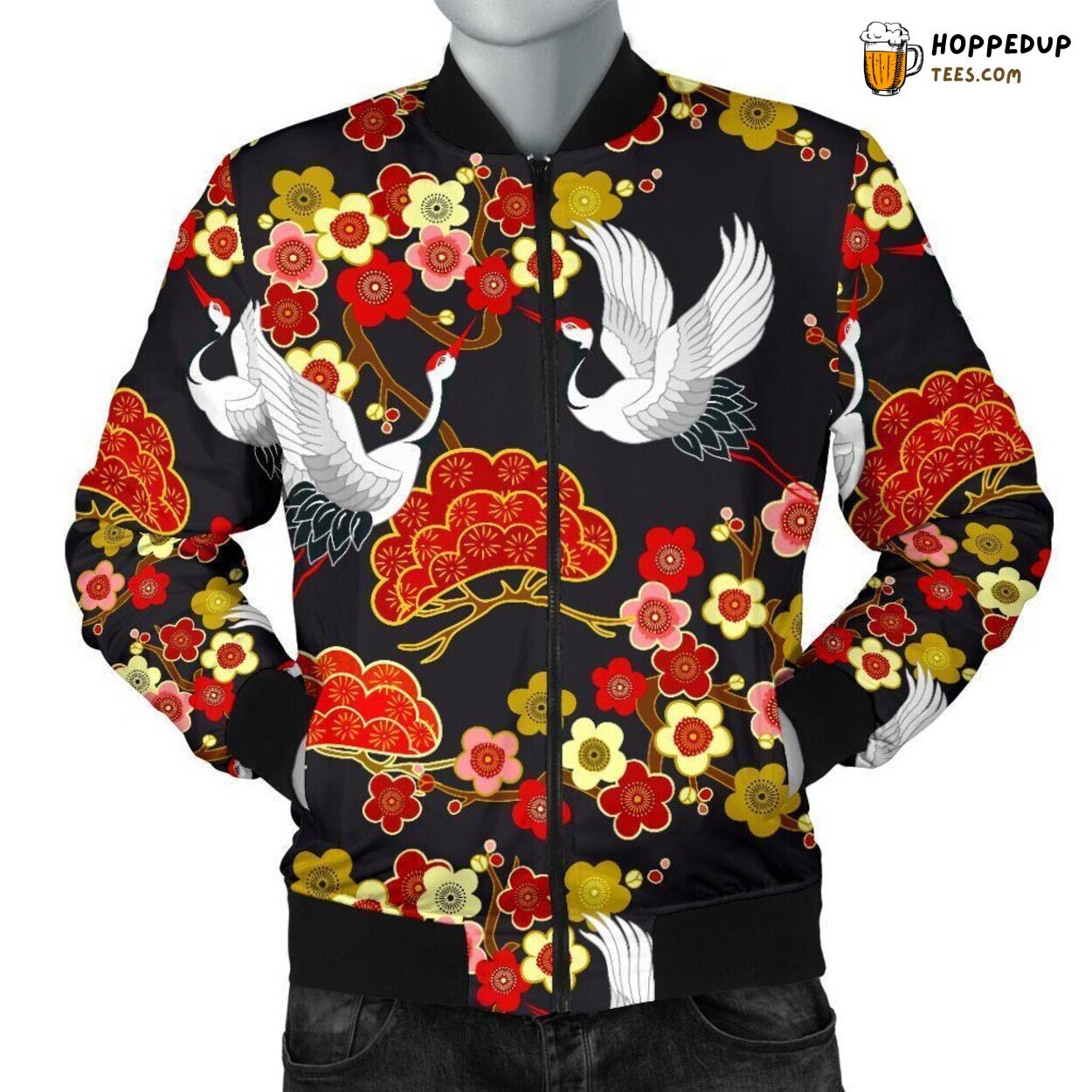 Heron’s Japanese Artistry Men’s Bomber Jacket Unique Design Pattern Tribute