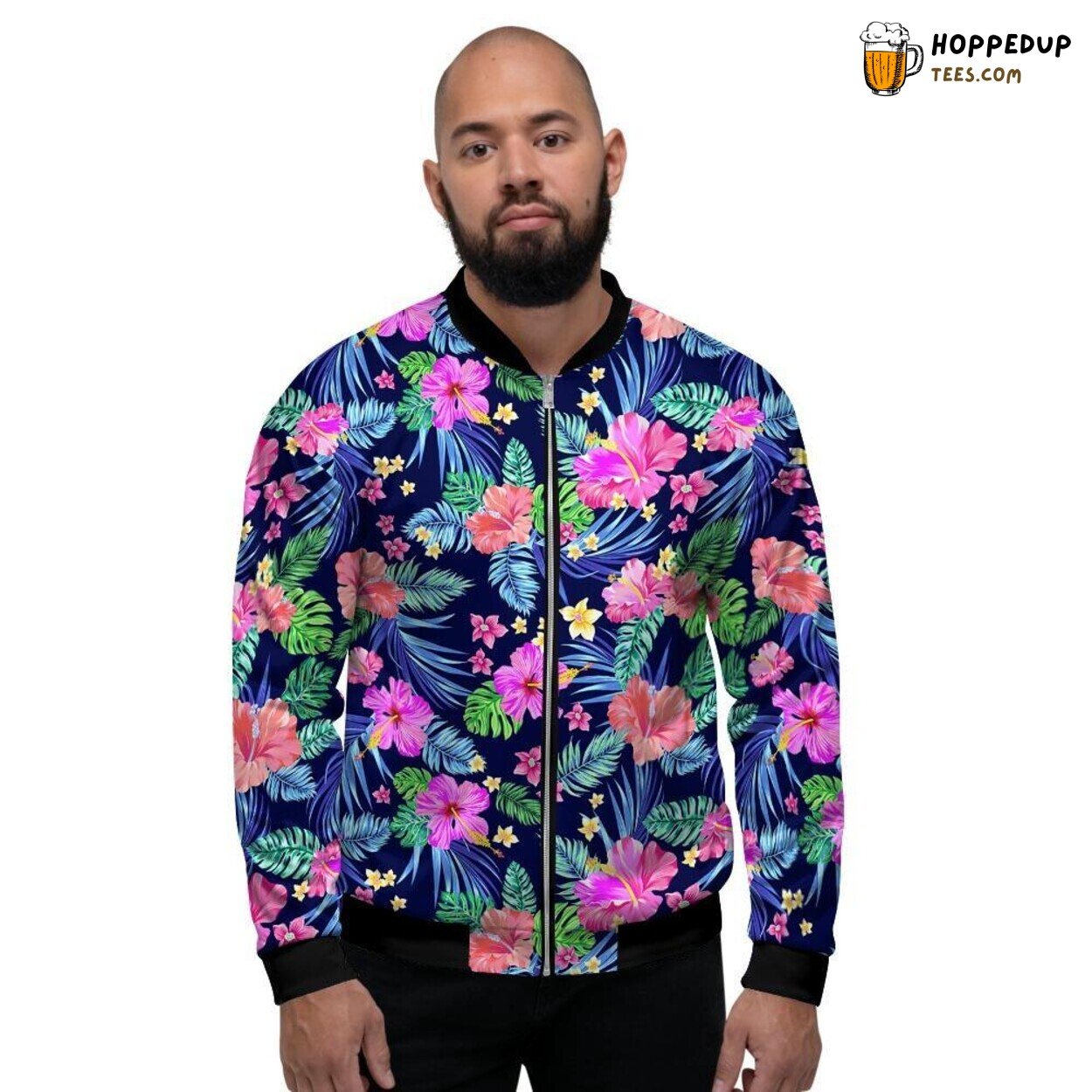 Hibiscus Exotic Flowers Hawaiian Men’s Bomber Jacket Tropical Island Design