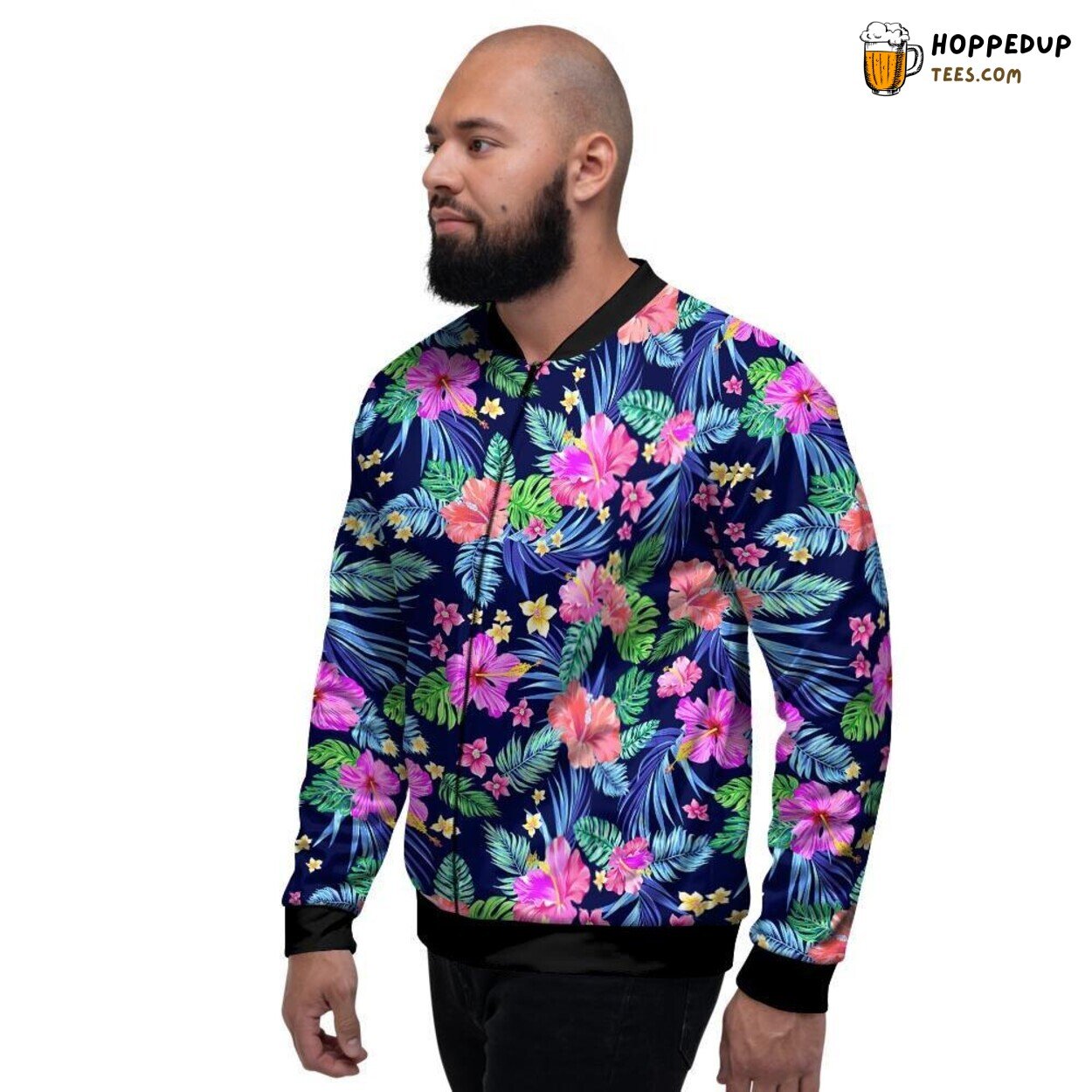 Hibiscus Exotic Flowers Hawaiian Men’s Bomber Jacket Tropical Island Design