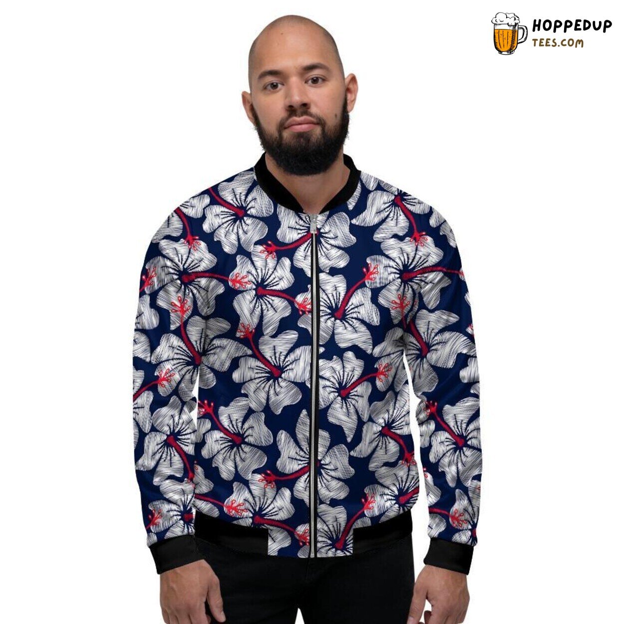 Hibiscus Floral Hawaiian White Men’s Bomber Jacket Tropical Flower Design Wear
