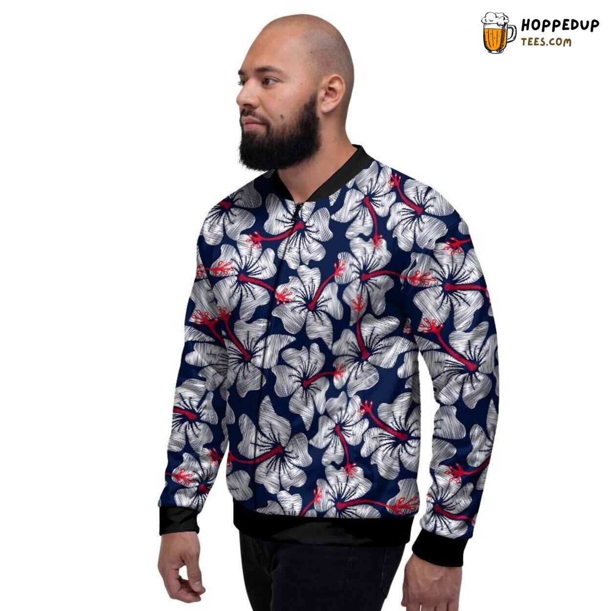 Hibiscus Floral Hawaiian White Men’s Bomber Jacket Tropical Flower Design Wear