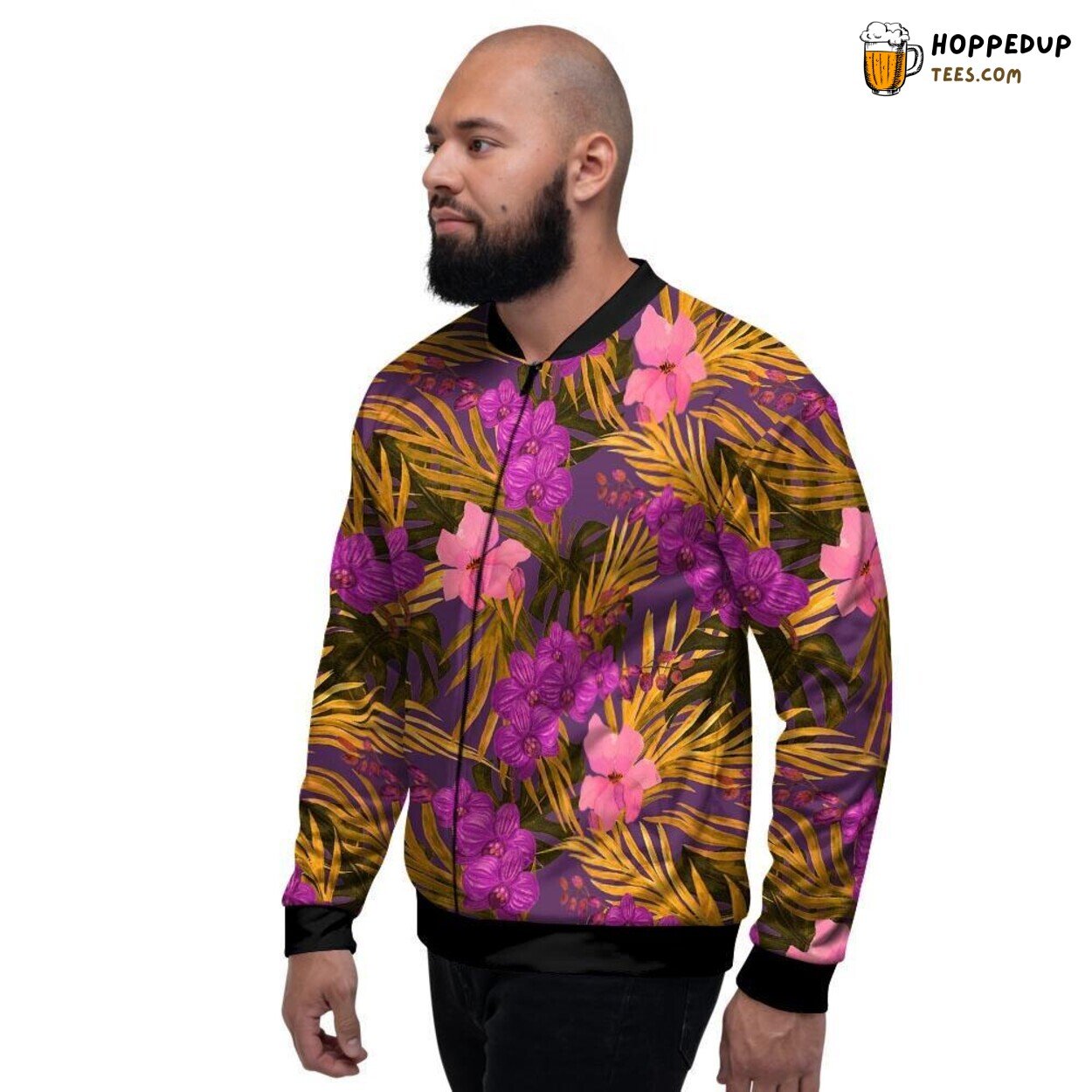 Hibiscus Flower Hawaiian Print Men’s Bomber Jacket Tropical Watercolor Beauty