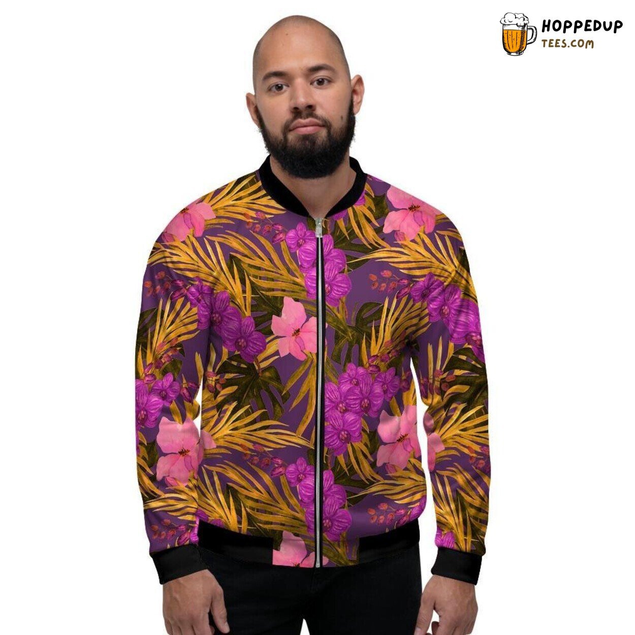 Hibiscus Flower Hawaiian Print Men’s Bomber Jacket Tropical Watercolor Beauty