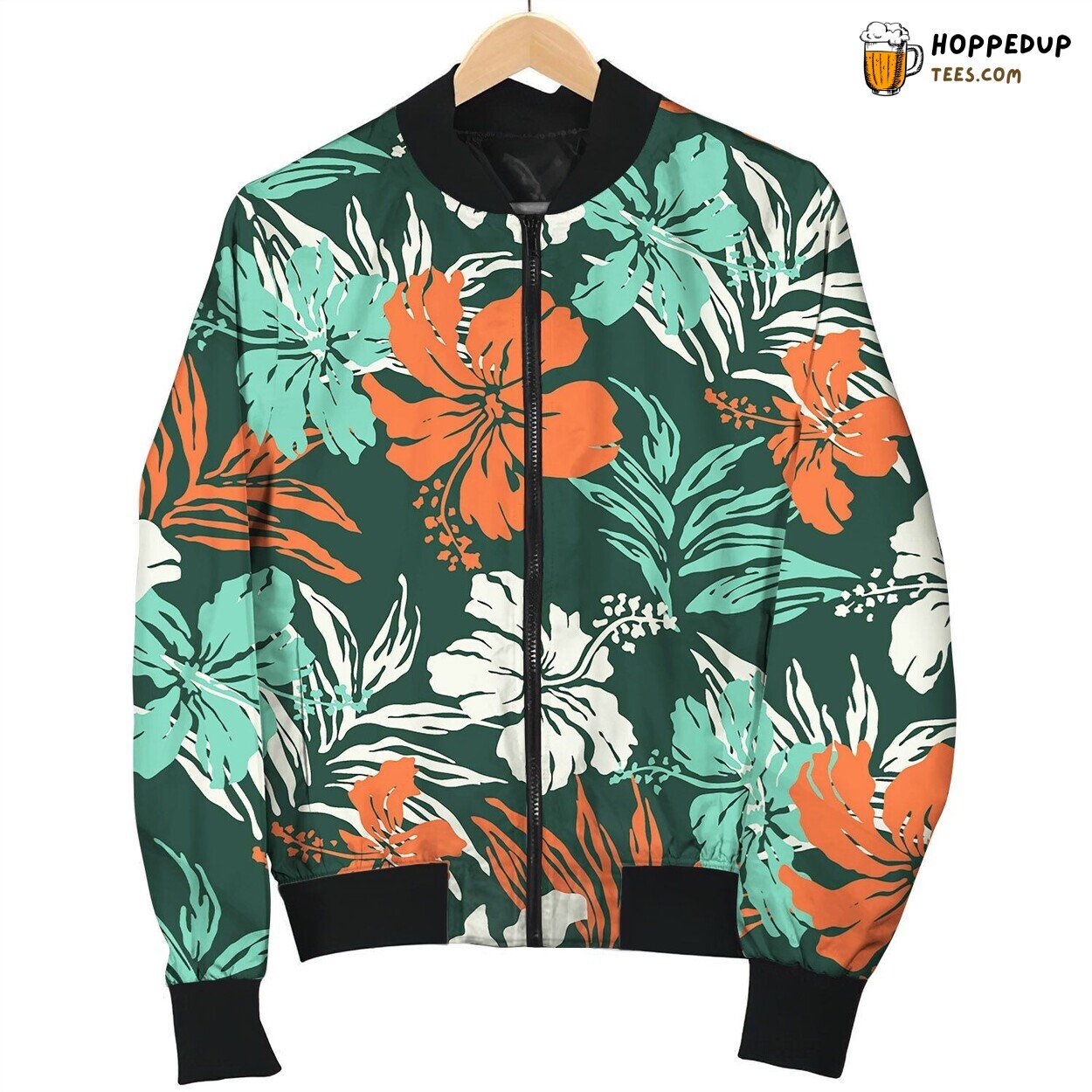 Hibiscus Flowers And Tropical Leaves Fabric Bomber Jacket