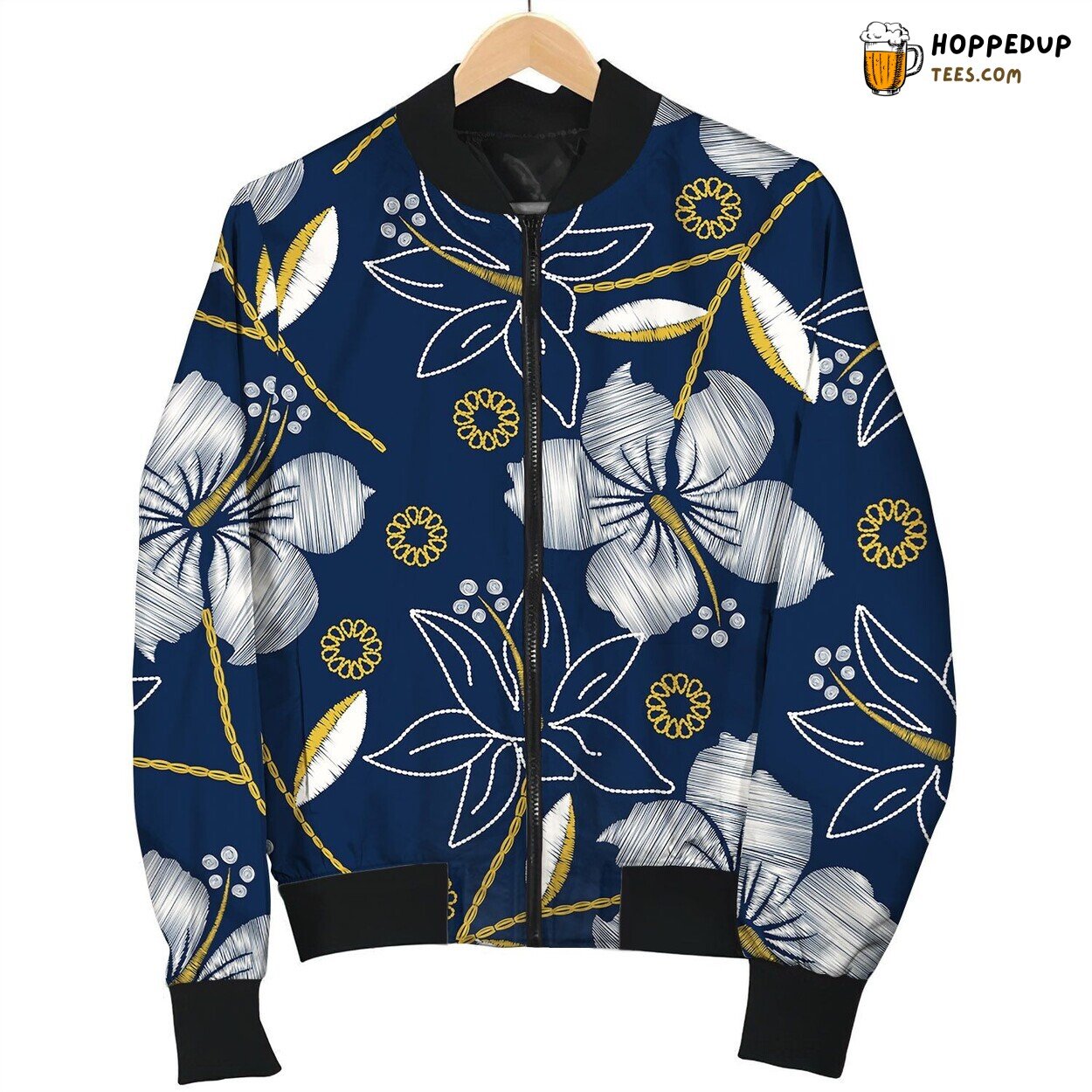 Hibiscus Tropical Embroidery Navy Seamless Pattern Bomber Jacket