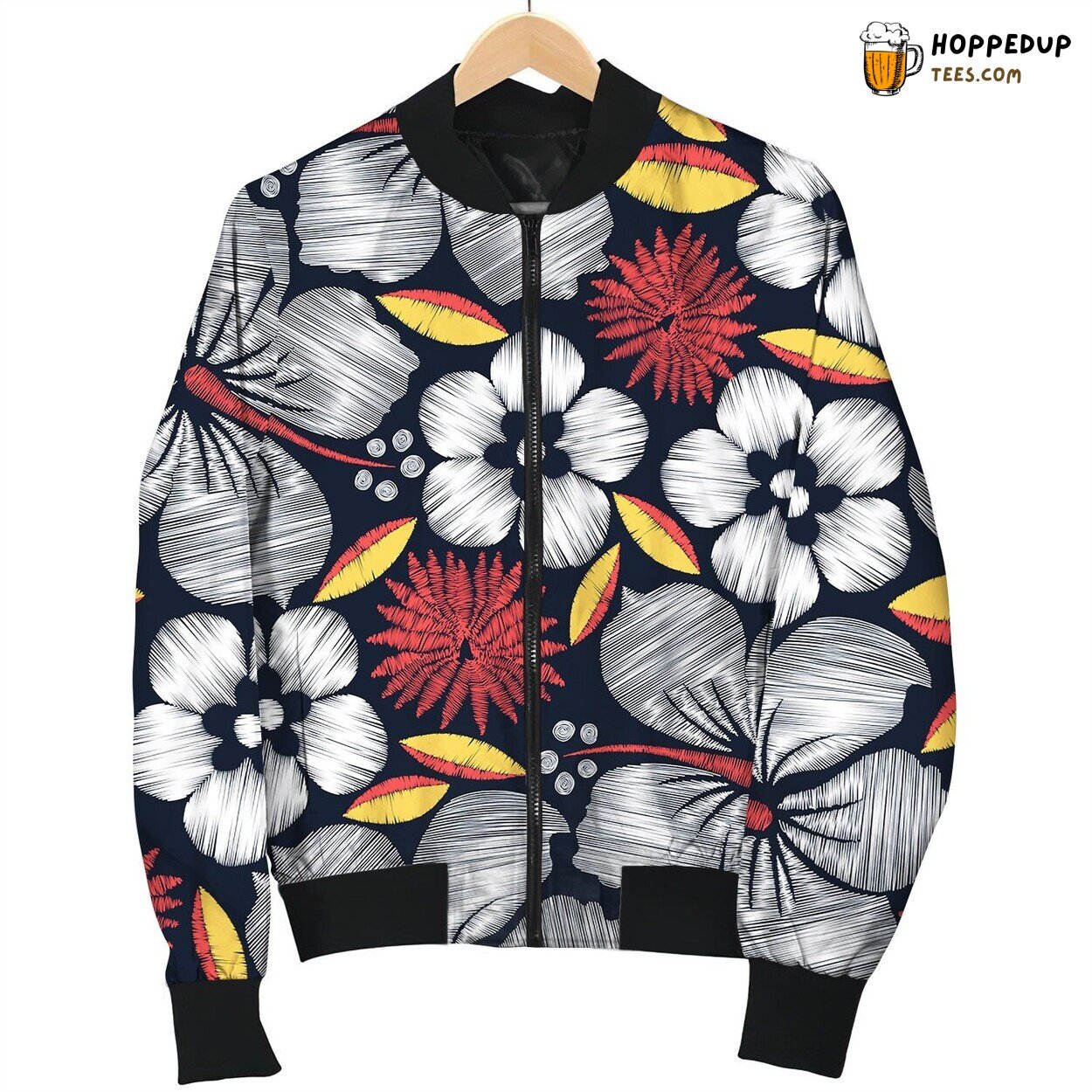 Hibiscus Tropical Embroidery Seamless Pattern Bomber Jacket