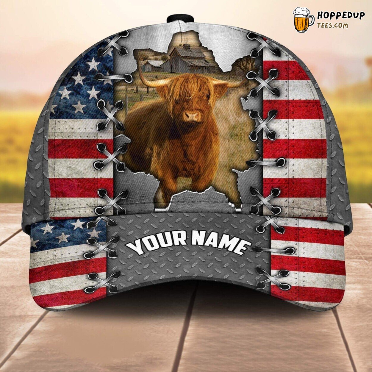 Highland 3D US Flag Leather Pattern Custom Cap Baseball Farm Lovers Gift