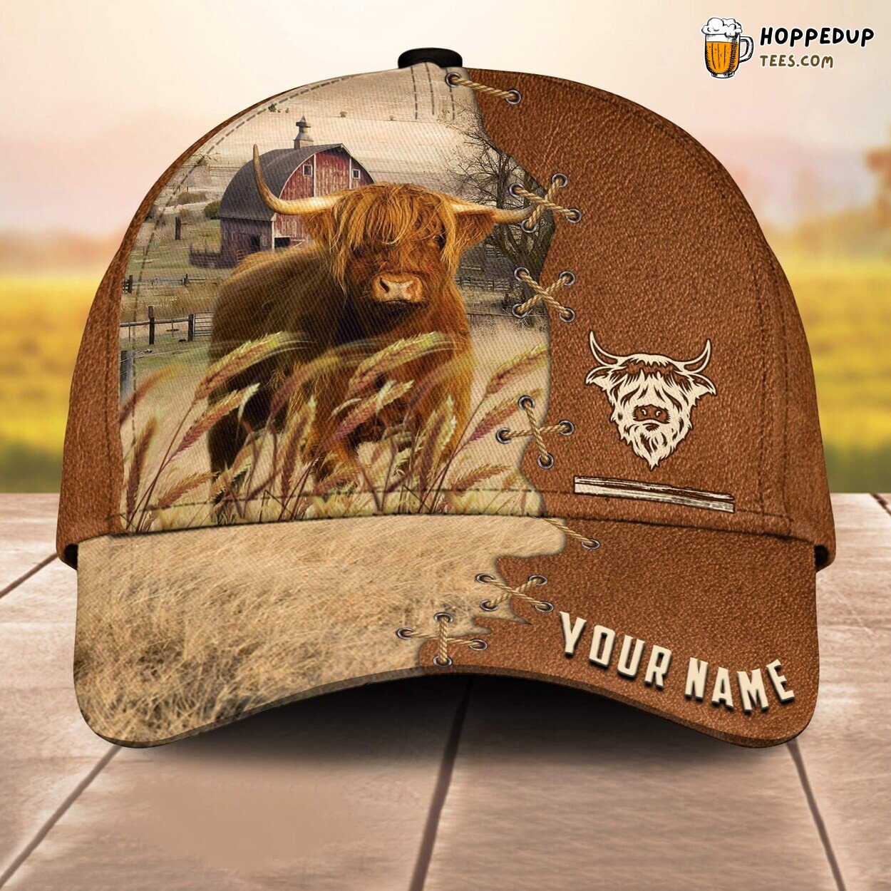 Highland Brown Leather Pattern Name 3D Cap Baseball Print Farm Lovers Animal